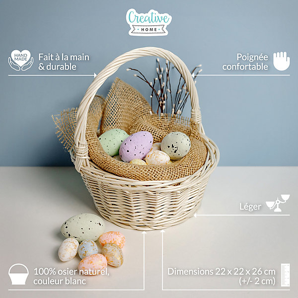 Creative Home Petit Panier de Pâques en Osier Blanc 22 x 22 x 26 cm ( /- 2 cm) -Panier avec Anse - Tissé à la Main - Panier Fruits