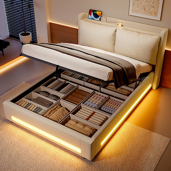 Lit 140x200 cm avec tête de lit fonctionnelle et rangement hydraulique, tapissé lin beige avec LED d'ambiance