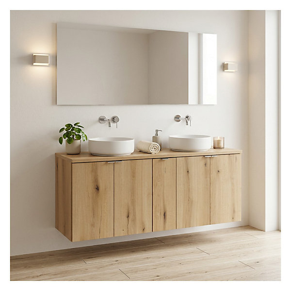 Ensemble de salle de bain suspendu VANO aspect chene 140cm : meubles sous vasque à placards et plan pour vasque