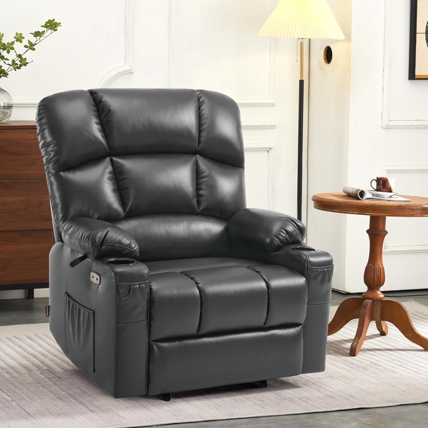 MCombo Oversized Dual Motor Power Lift Recliner Chair Sofa with Massage and Heat for Big Elderly People, Infinite Position, USB Ports, Faux Leather R7688 (Dark Grey, Large-Oversize)