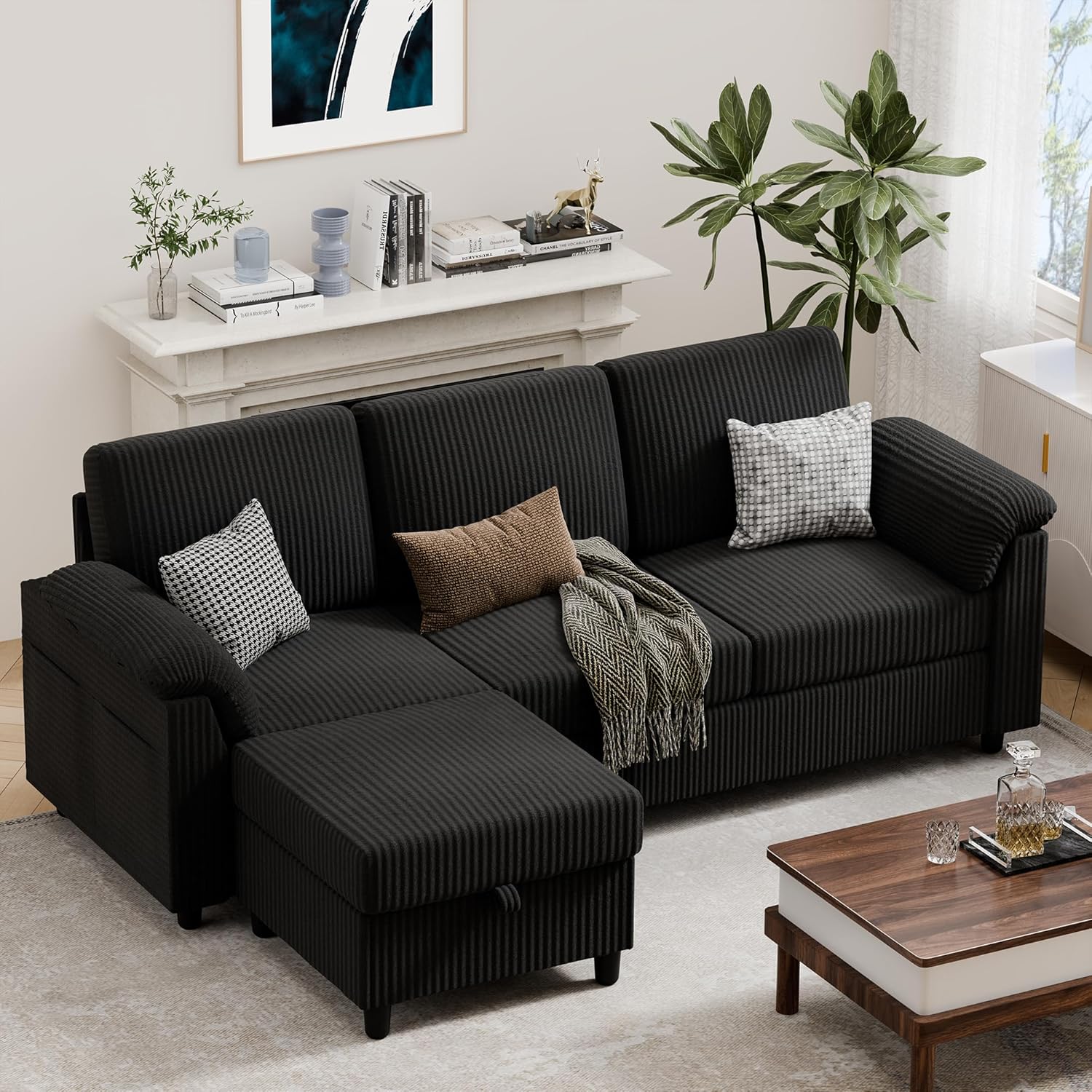 Vongrasig 79 Convertible Sectional Couch Sofa with Storage Ottoman, 3 Seat L Shaped Couch with Side Storage Pockage, Small Couches for Living Room, Apartment and Small Space, Black