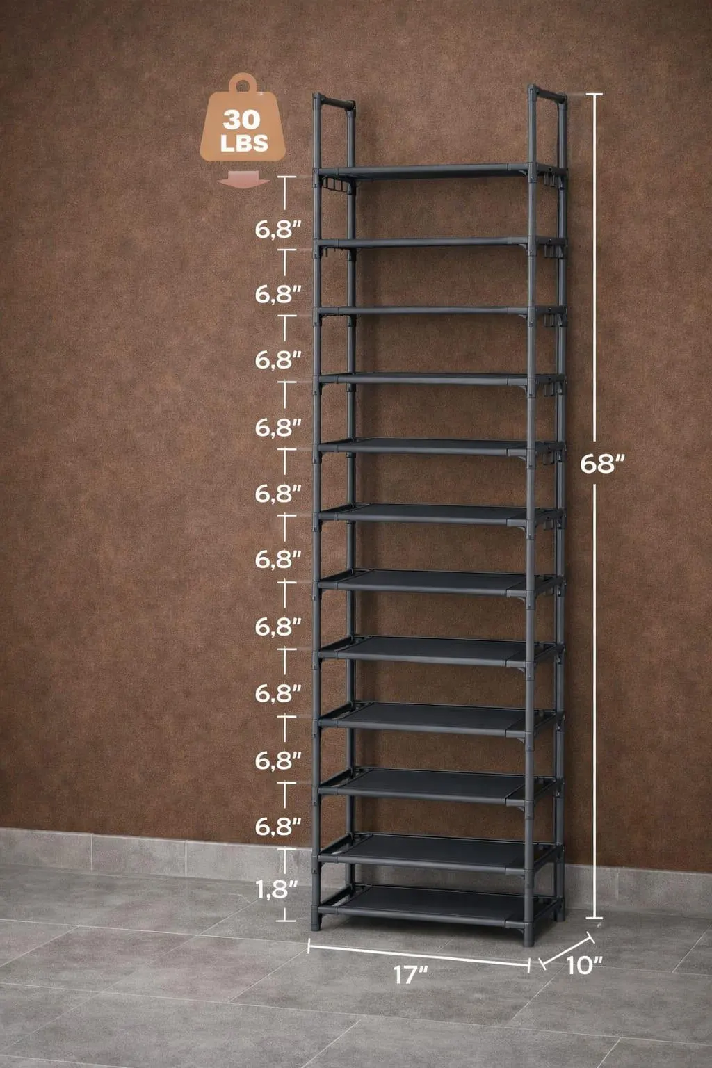 10-Tier Metal Shoe Rack with Hooks, Entryway Organizer
