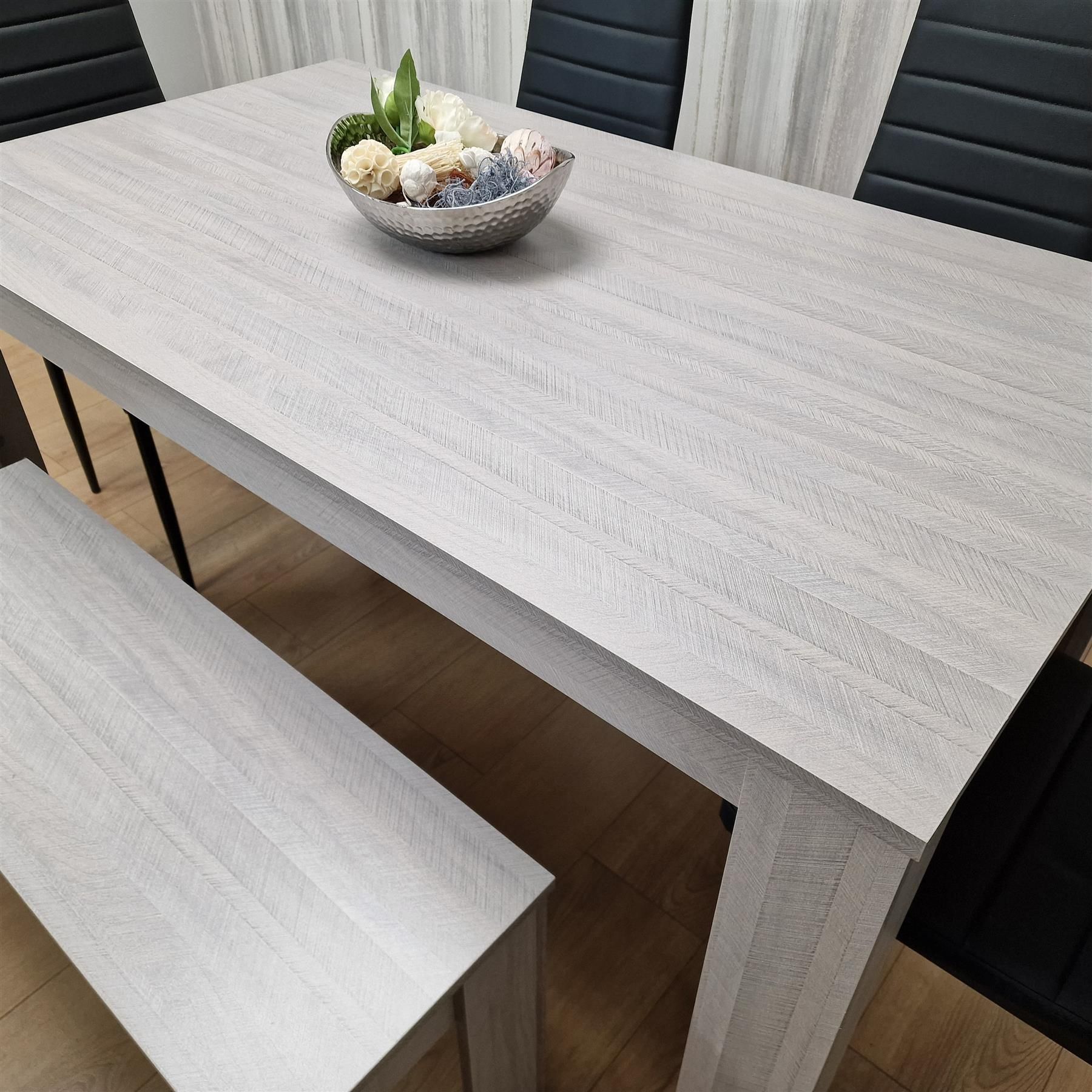 KOSY KOALA Modern Grey Rectangle Dining Table Set With 4 Black Metal Chairs And 1 Bench Dining Room Furniture