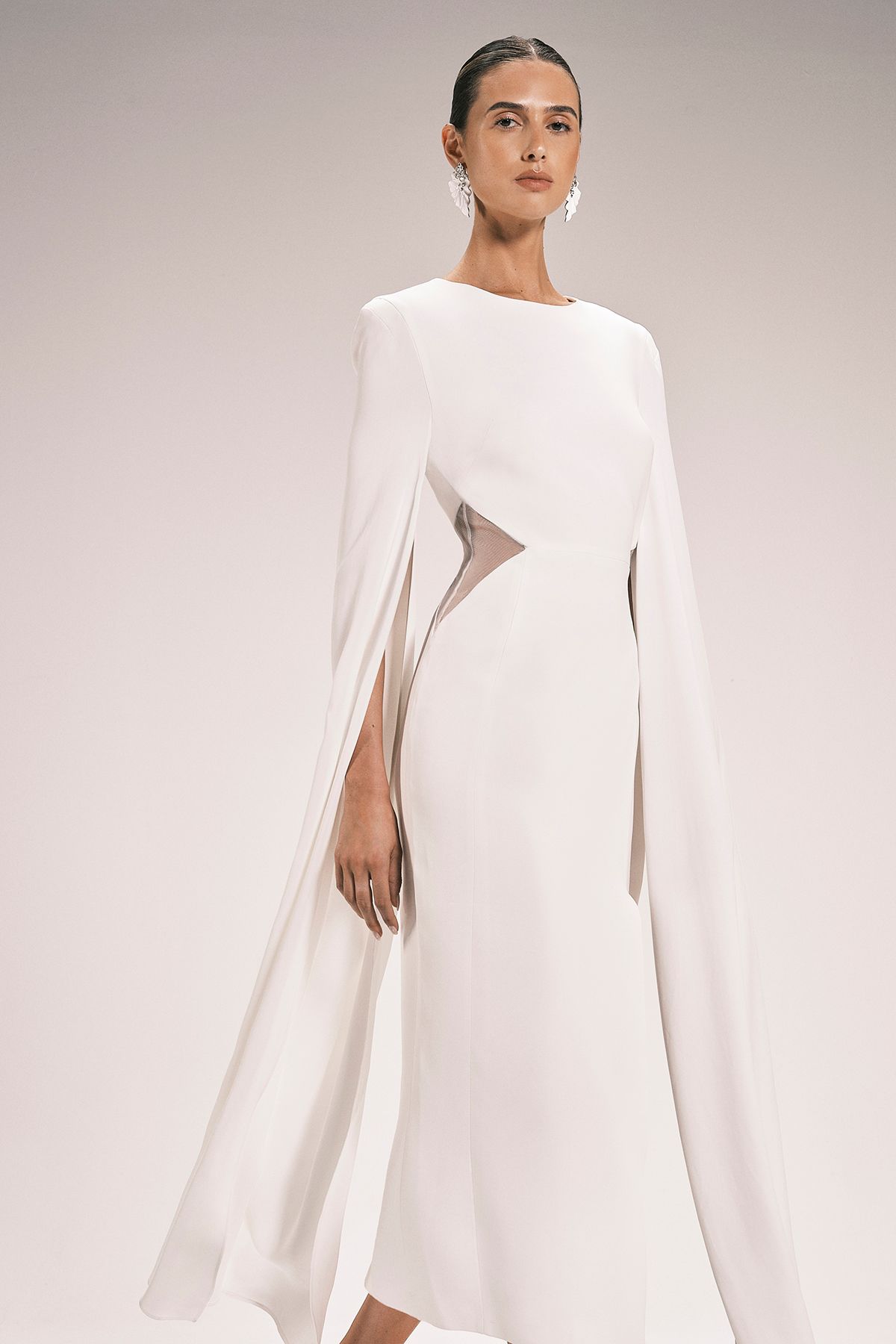 KarenMillen Tailored Compact Stretch Viscose Cape Mesh Panel Midi Dress