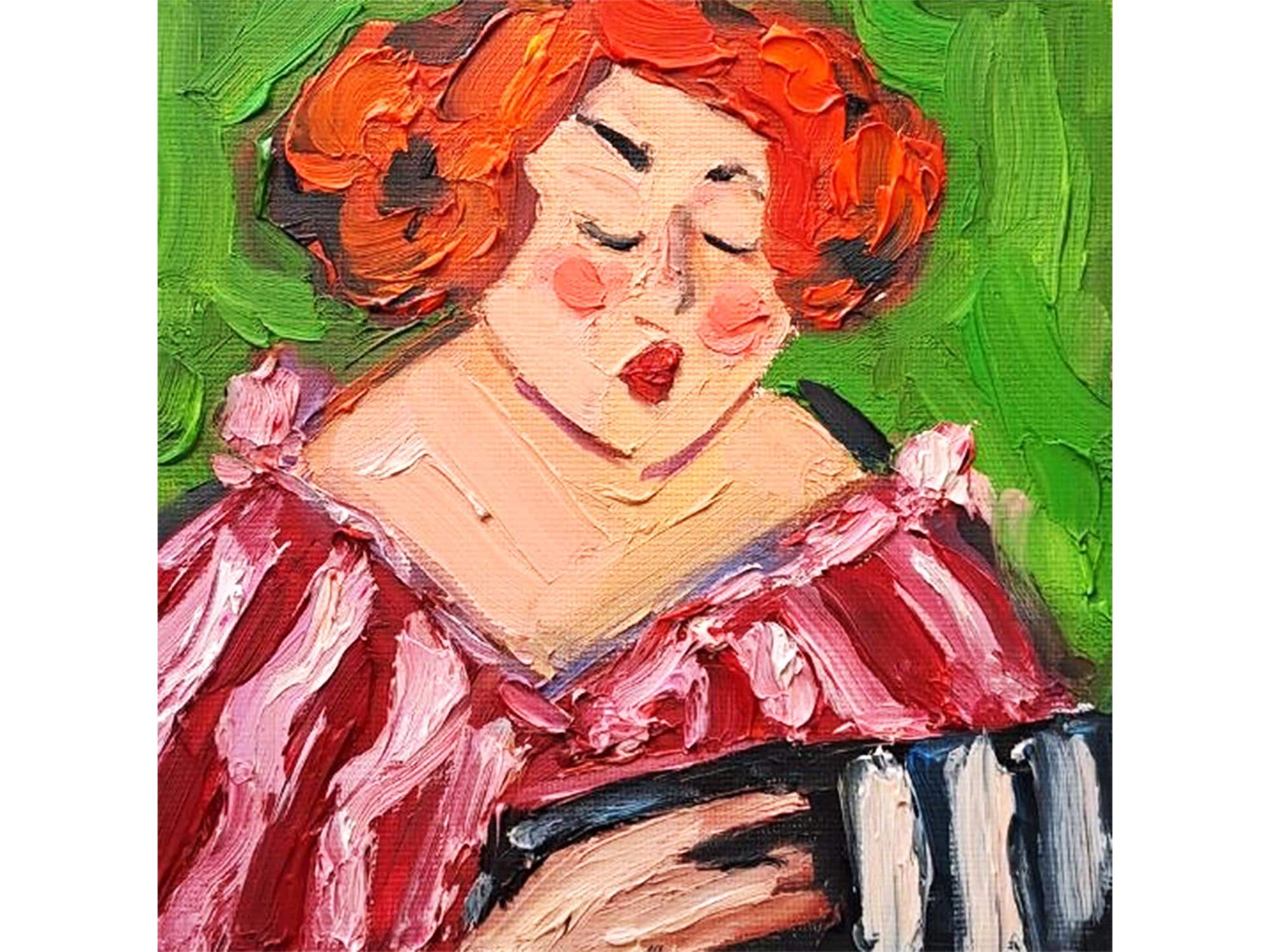 Accordion Player Canvas Oil Painting Original Red Haired Woman Musician Portrait Whimsical Colorful Figurative Wall Art Gift by ArtSenya