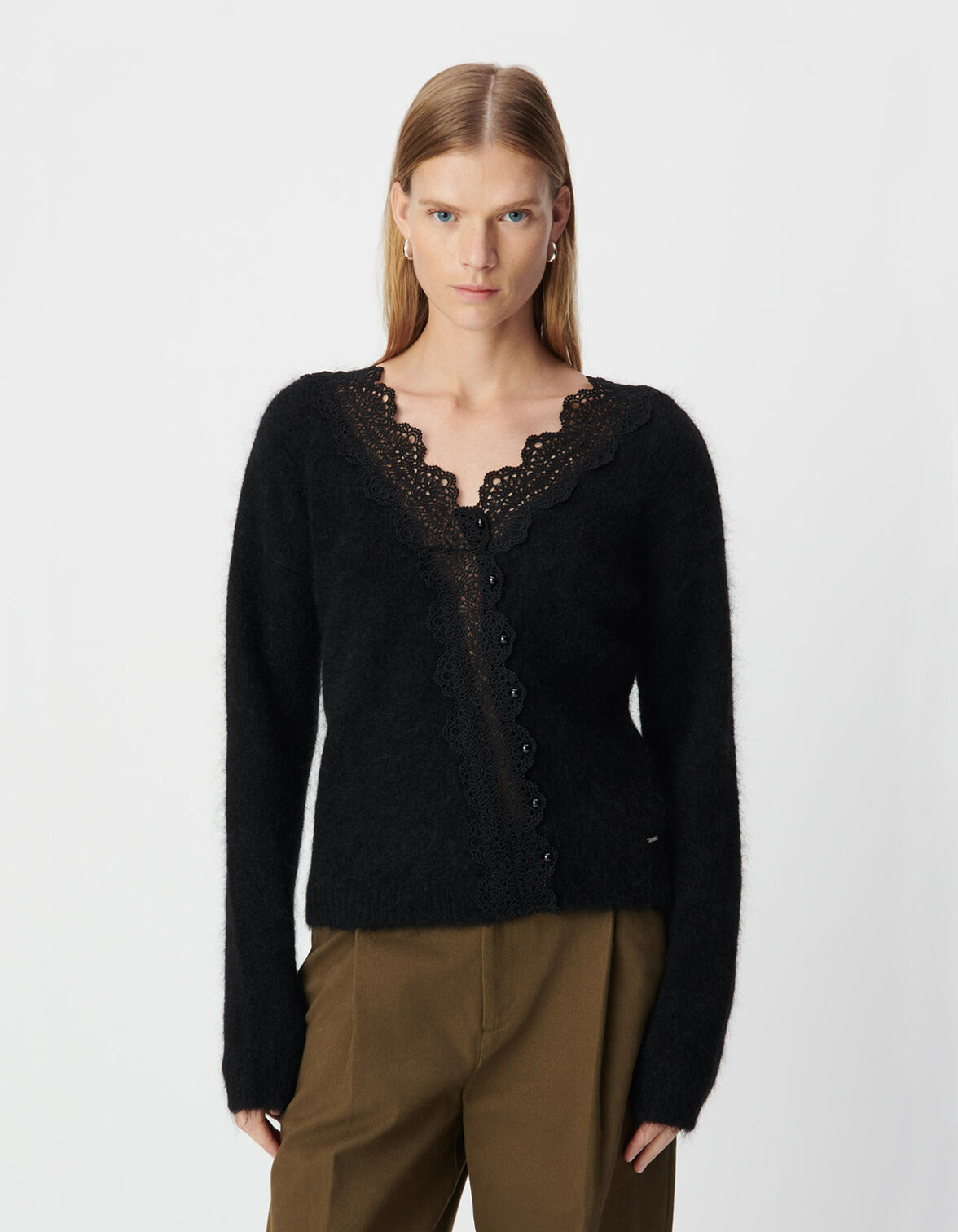 Pull noir tricot dentelle réversible devant/dos Femme
