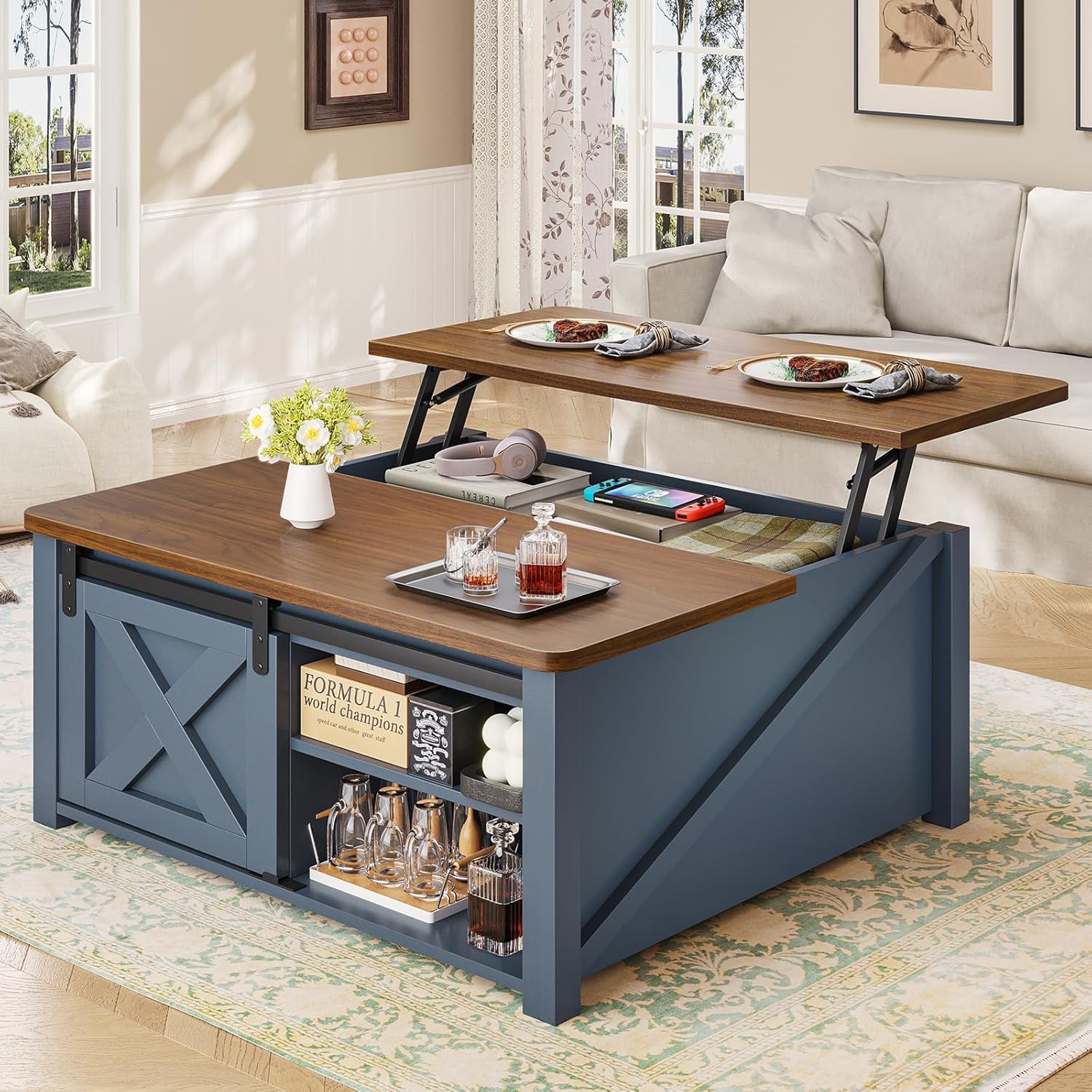 SEDETA 31.5 Lift Top Coffee Table with Storage, Square Coffee Tables for Living Room, Farmhouse Coffee Table with Large Hidden Storage Compartment and Adjustable Shelves, Blue