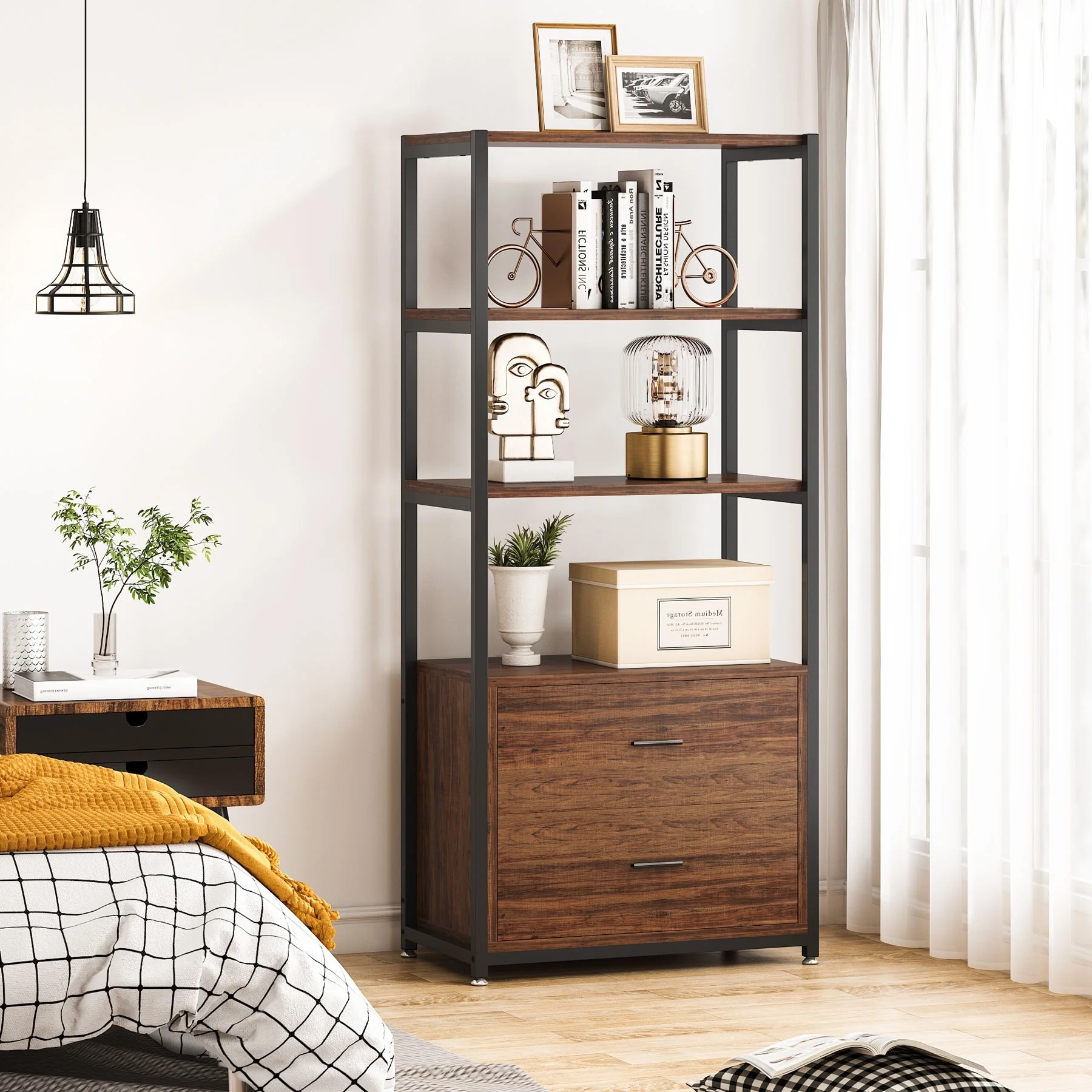 4-Tier Rustic Bookcases with 2 Drawers, Etagere Standard Book Shelves Display Shelf for Home Office