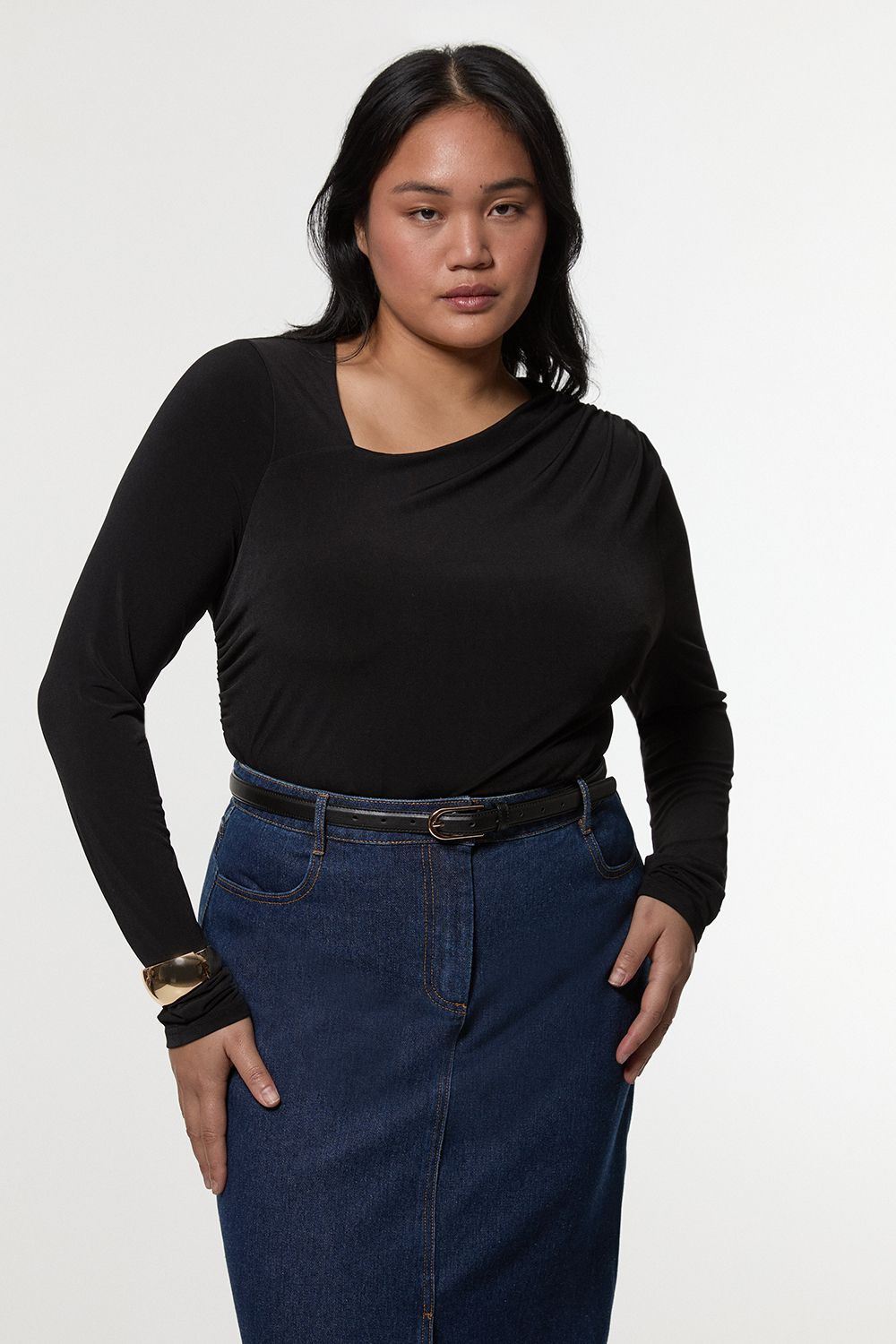 KarenMillen Plus Size Jersey Crepe Long Sleeve Ruched Bodysuit