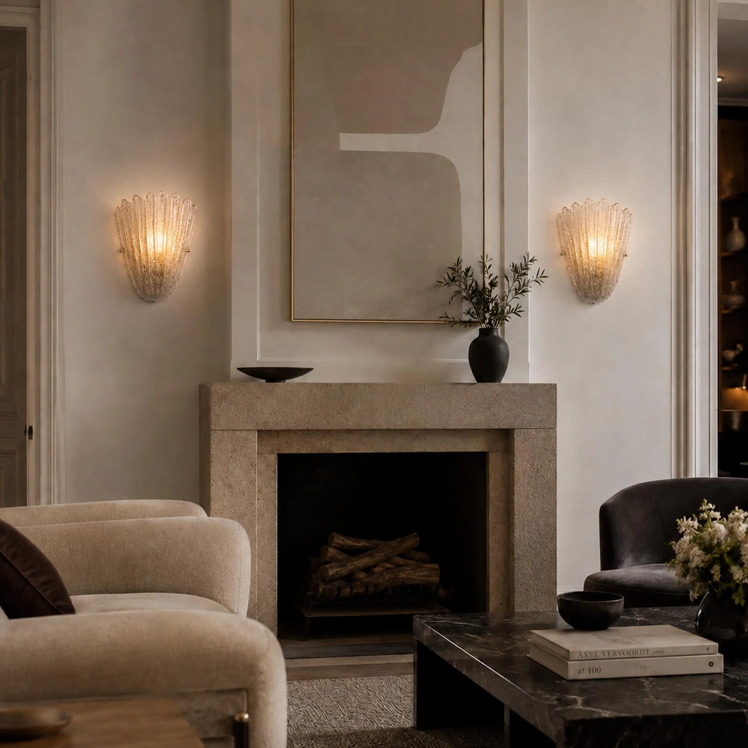 Wall light fixture scalloped Murano Glass set of 2, Clear Soft lighting, Italy