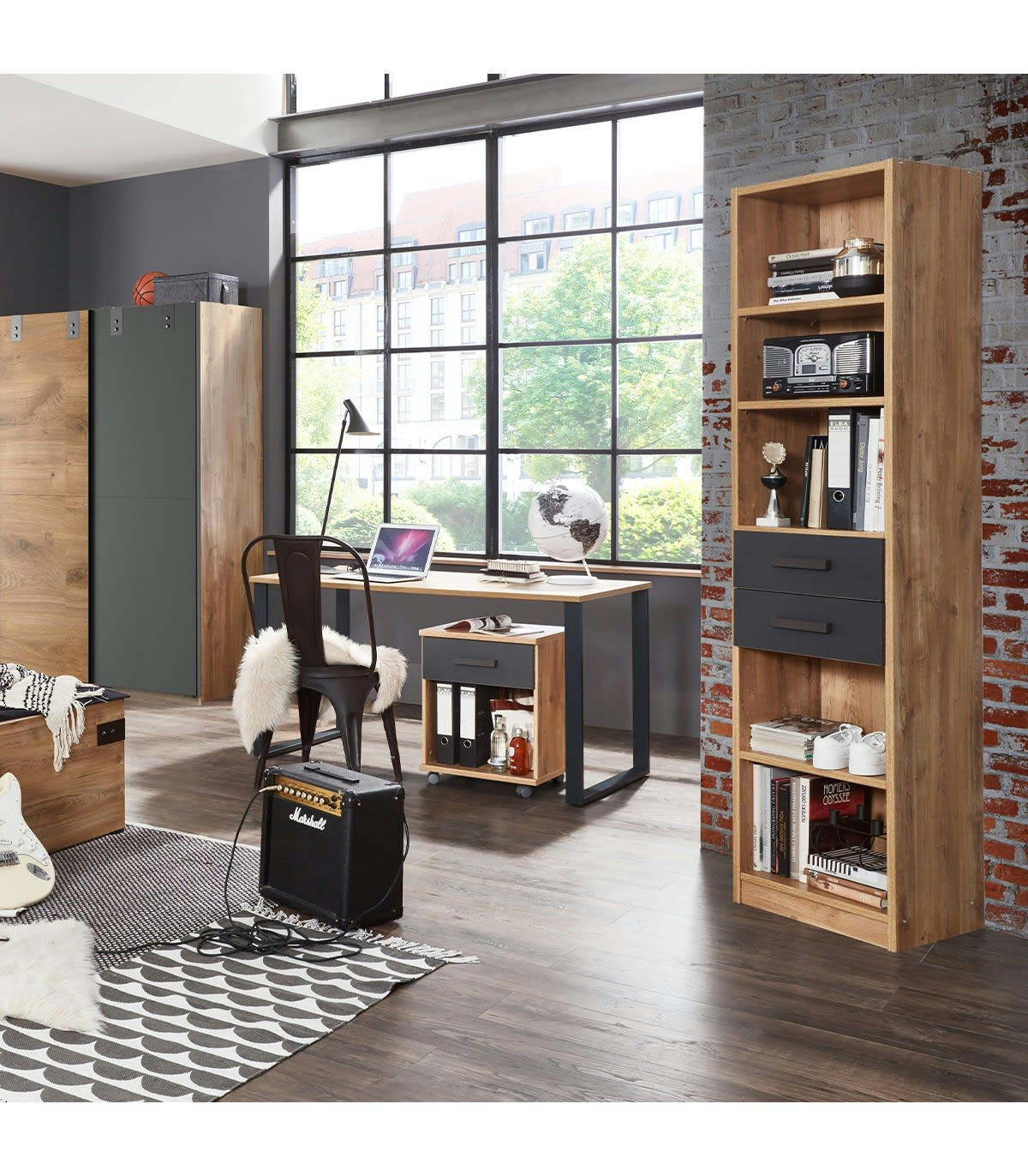 - Bibliothèque 5 étagères et 2 tiroirs - L47 cm