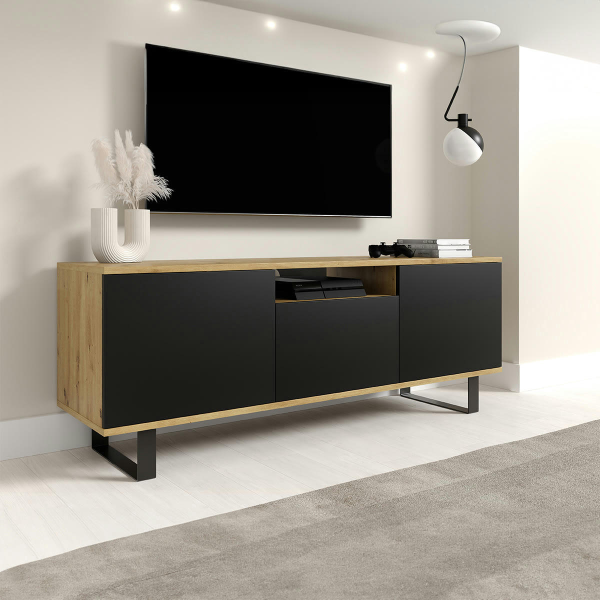 - Meuble TV 3 portes 150 cm stratifiés, métal naturel et noir