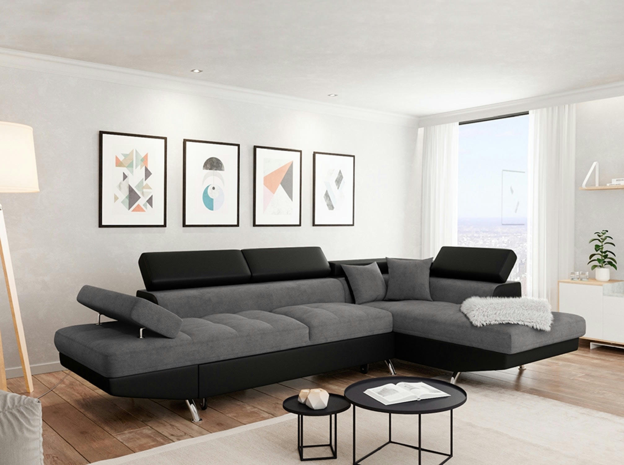 RIO - Canapé d'angle droit convertible avec coffre noir/gris