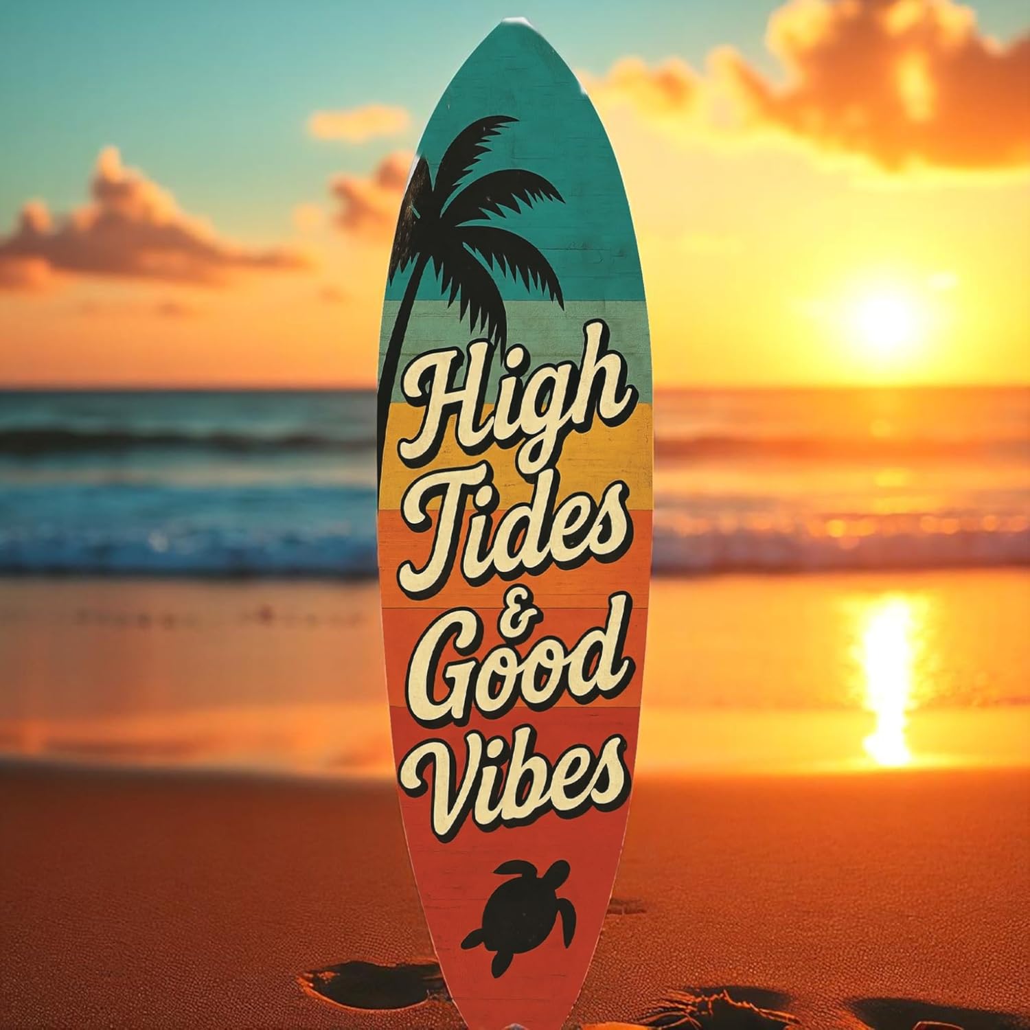 JennyGems High Tides Good Vibes Surfboard Sign Coastal Wall Decor with Sea Turtle, Palm Tree, Retro Beach House Art, Indoor Outdoor PVC, 5 Foot