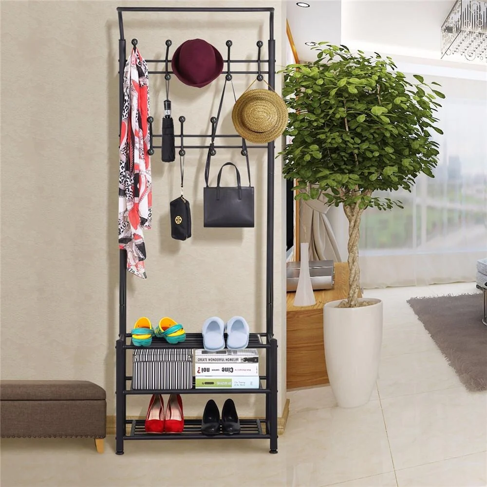 Multipurpose Entryway Hall Tree with 3-Tier Shoe Rack, Black