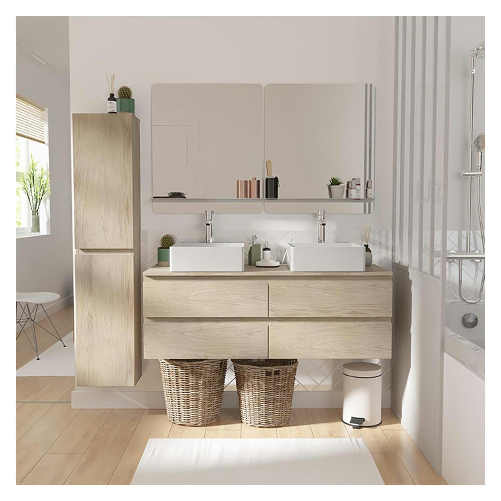 SORRENTO - Meuble double vasque 120cm avec plan bois  chêne +vasque+rob+miroir+co