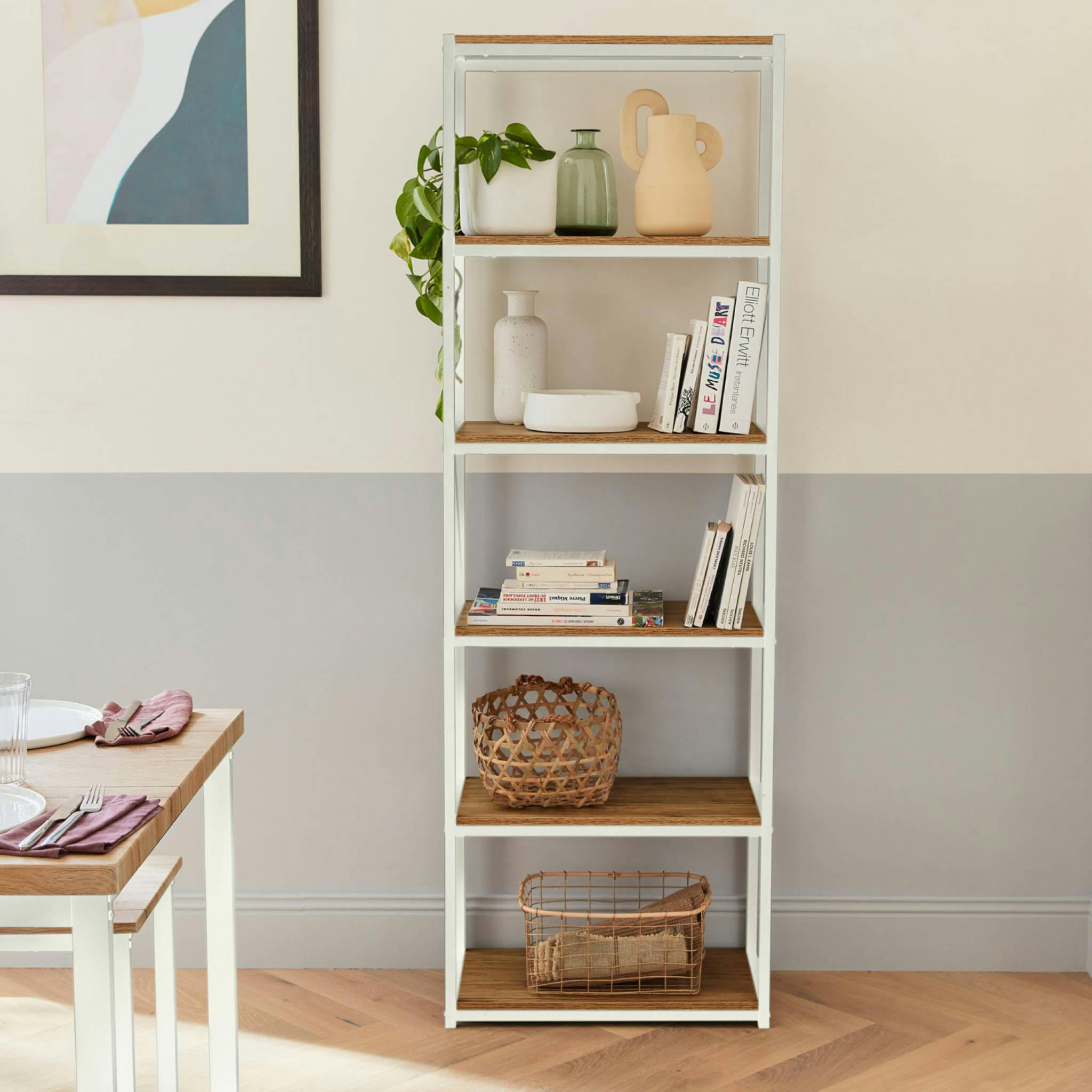 LOFT - Étagère en métal blanc et décor bois, 6 niveaux