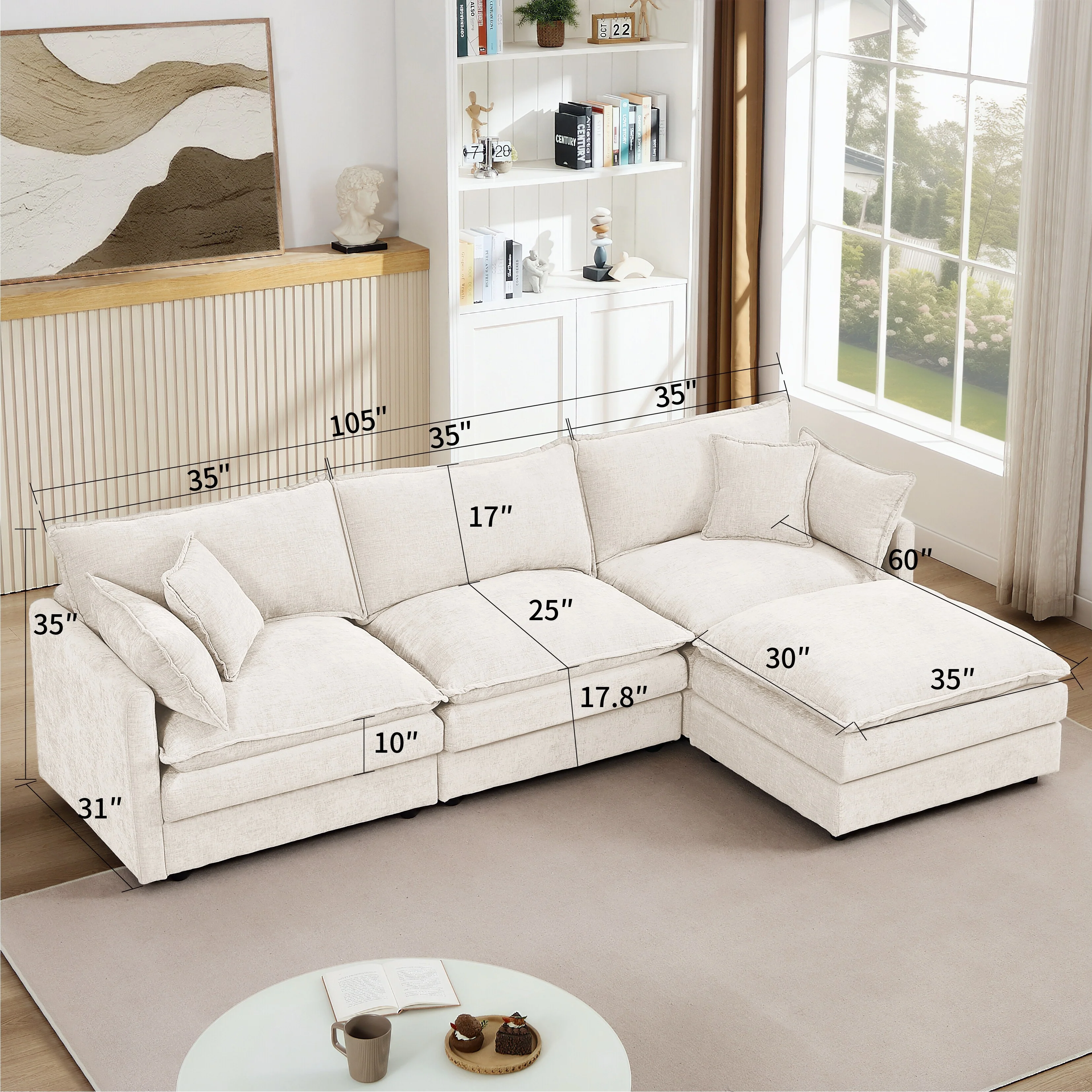Modular Sectional Sofa, 105 Inch L Shaped Couch Set for Living Room, 3-Seater Comfy Cloud Couches with Movable Ottoman