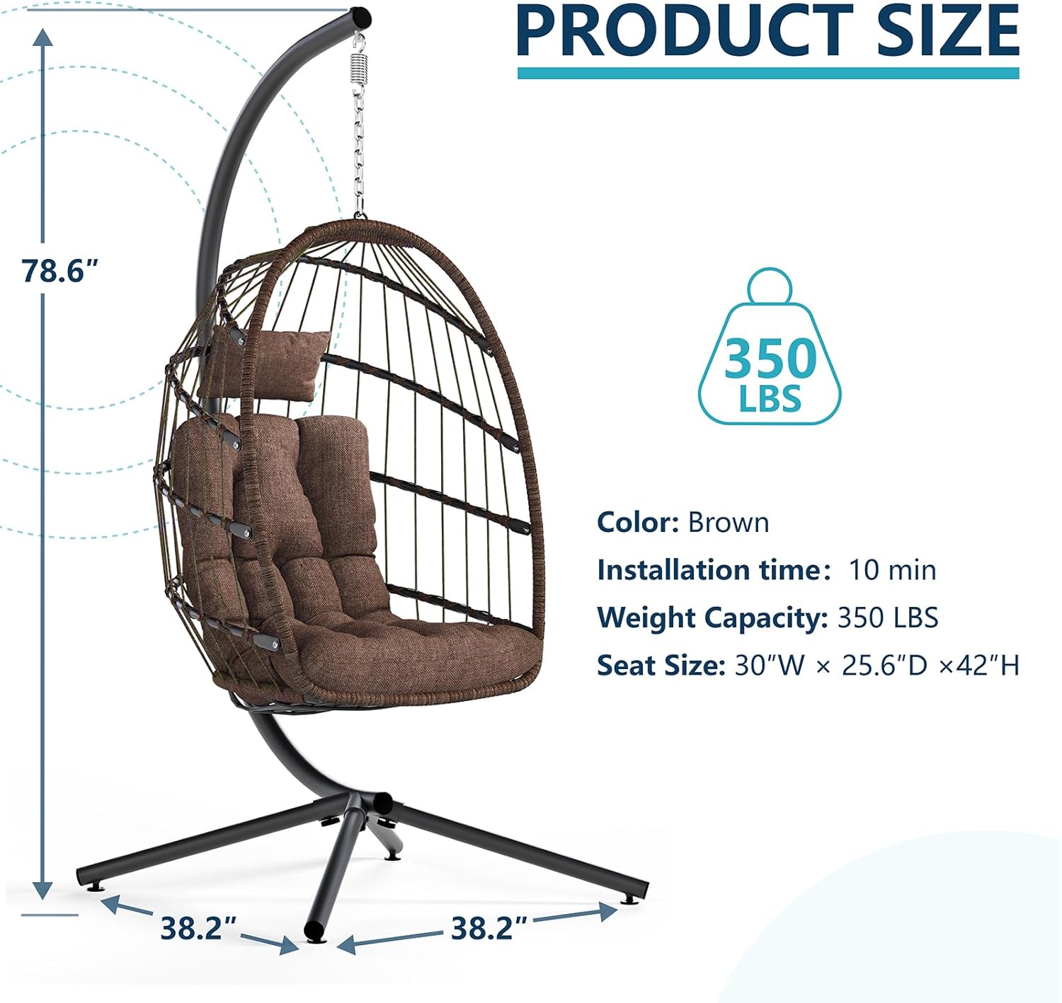 LEYCAY Hanging Egg Chair with Stand, Outdoor Indoor Swing Egg Chair with Cushion, Wicker Hammock for Patio, Bedroom 350 LBS Capacity-Brown