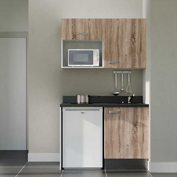 Kitchenette K07 - 120 cm - façades Bois - Plan monobloc en quartz coloris Nero évier à droite - Electroménager Blanc