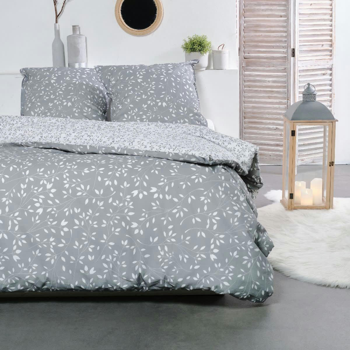 LEAVES - Parure de lit en Coton Gris 240x220 cm