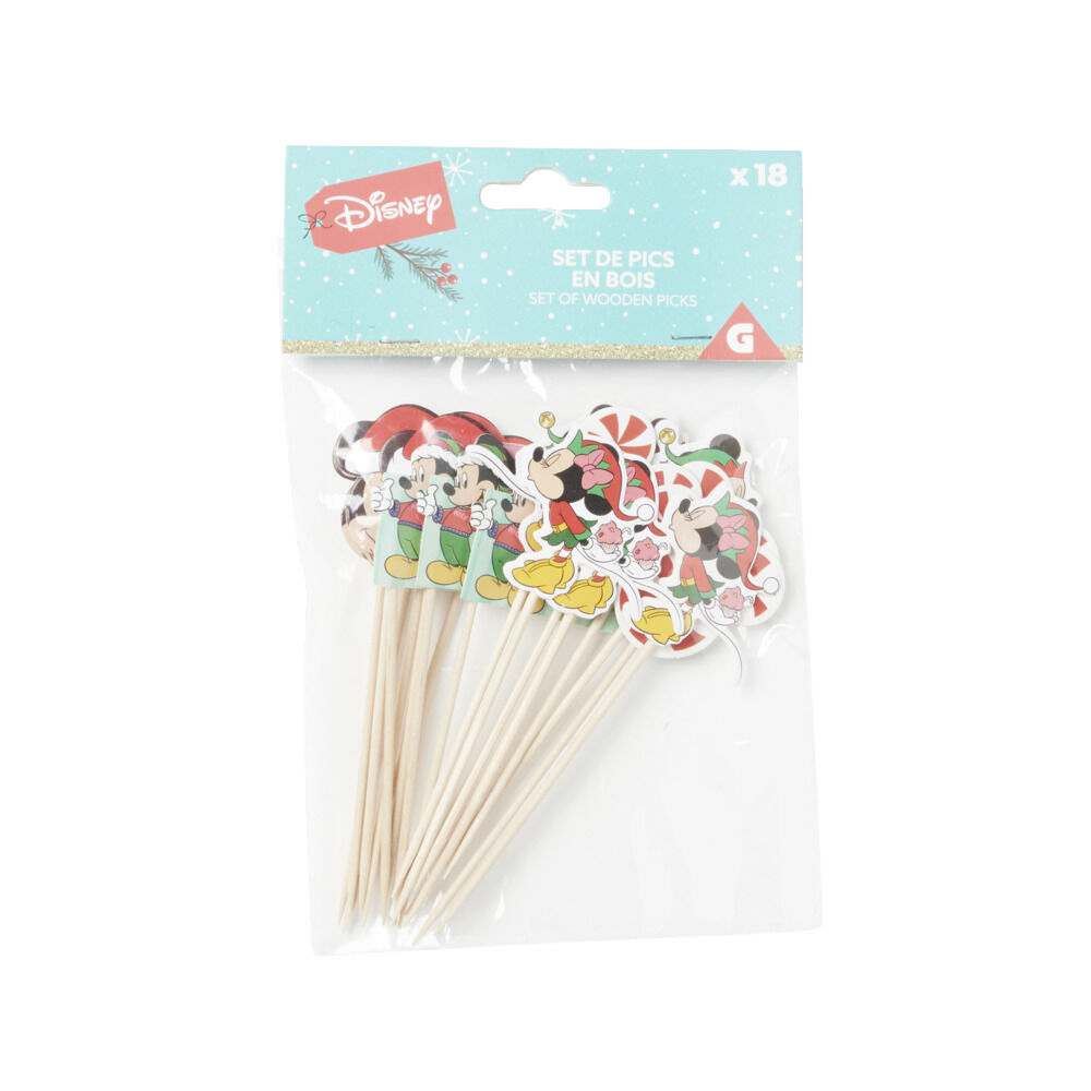 Lot de 18 pics en bambou motif No&euml;l Disney L10,5cm (6 modèles)
