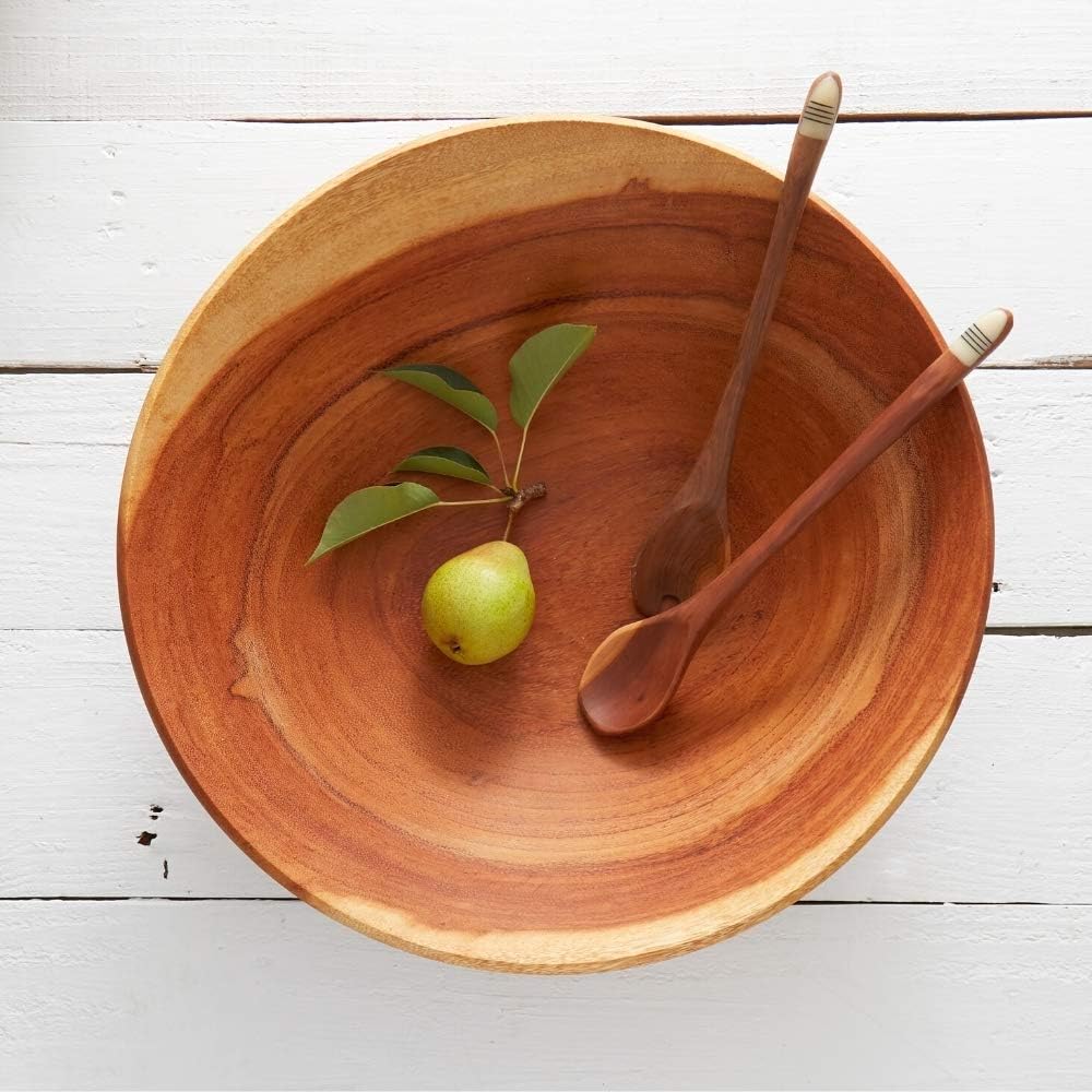 Wooden Salad Bowl for Serving, Beige to Brown Colors, Rustic Finish,15-16 Inch Wide