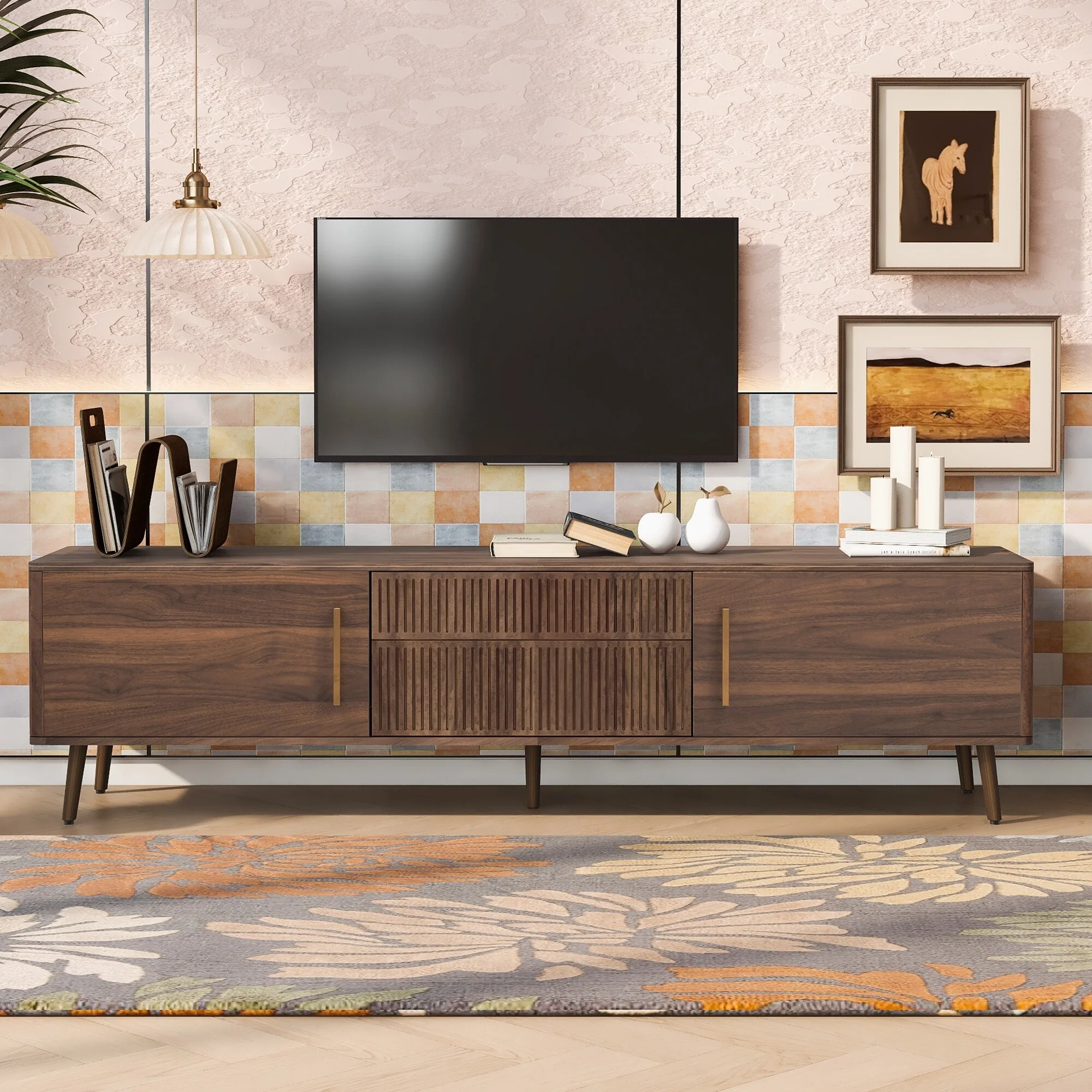70.8-Inch Mid-Century Modern TV Stand with Ample Storage, 2 Drawers, and Cable Management for Living Room