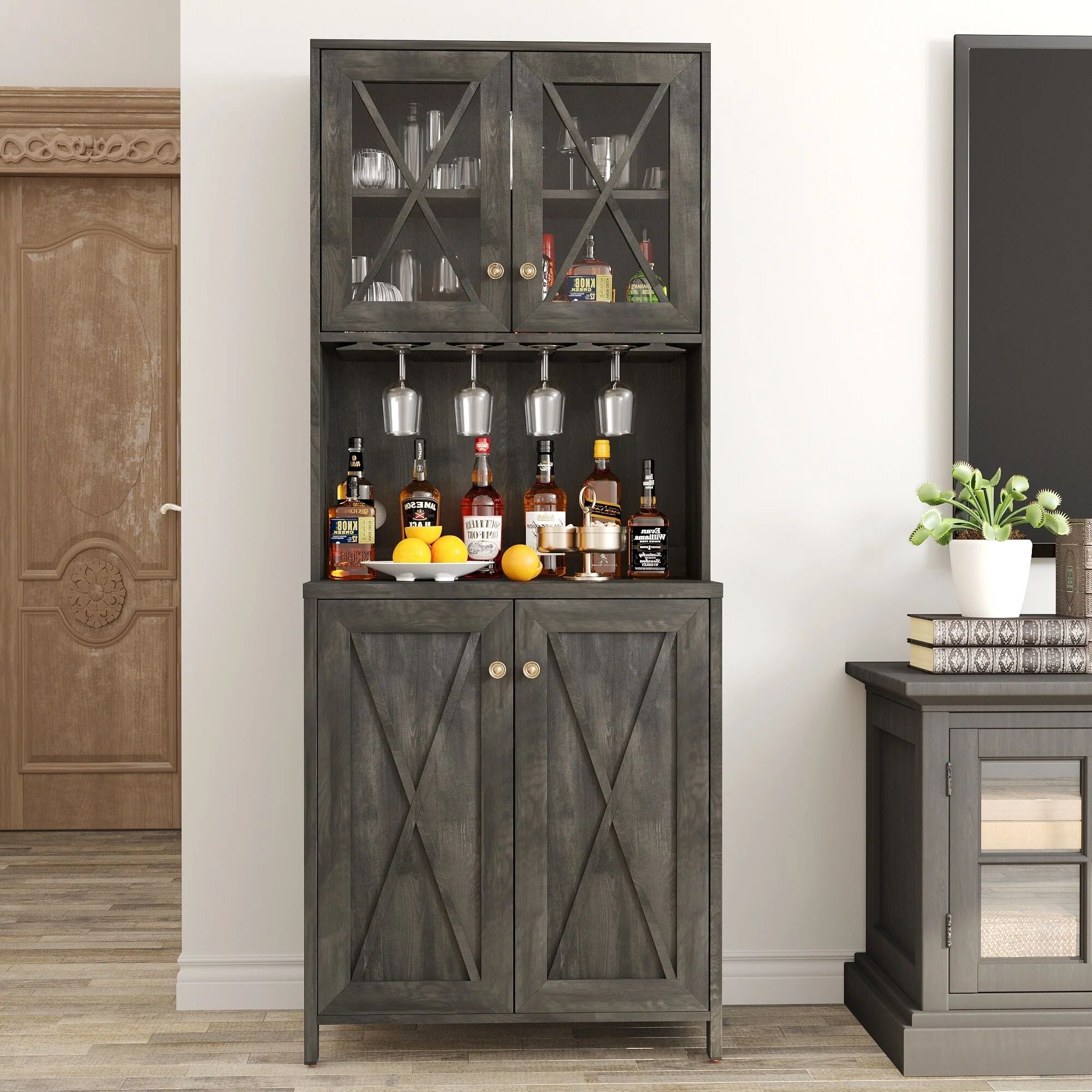Farmhouse Bar Cabinet for Liquor and Glasses for Dining Room Kitchen Cabinet with Wine Rack
