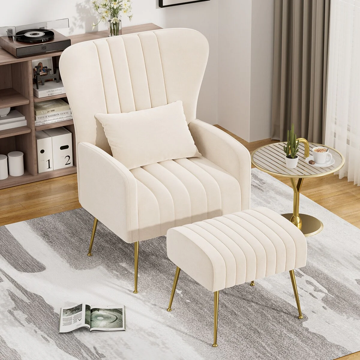 Ouyessir Upholstered Tufted Wingback Accent Chair with Ottoman & Pillow