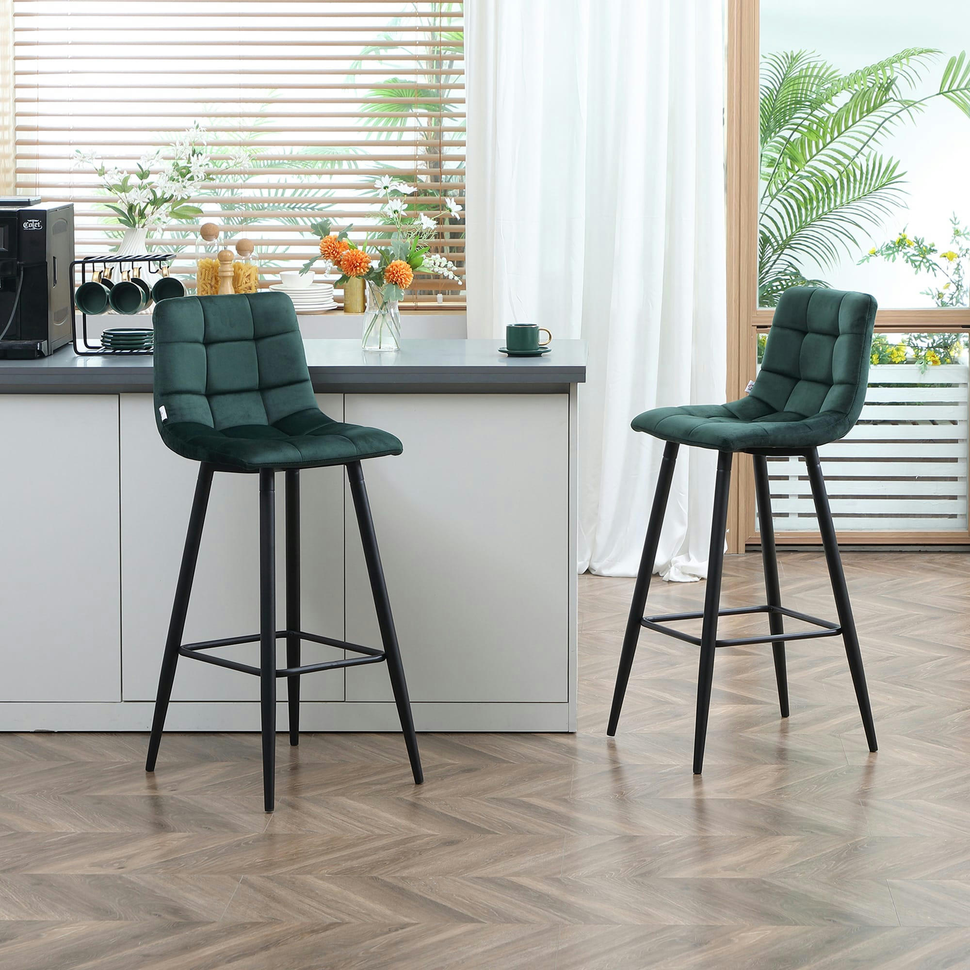 - Lot de 2 tabourets de bar design Chesterfield velours vert sapin