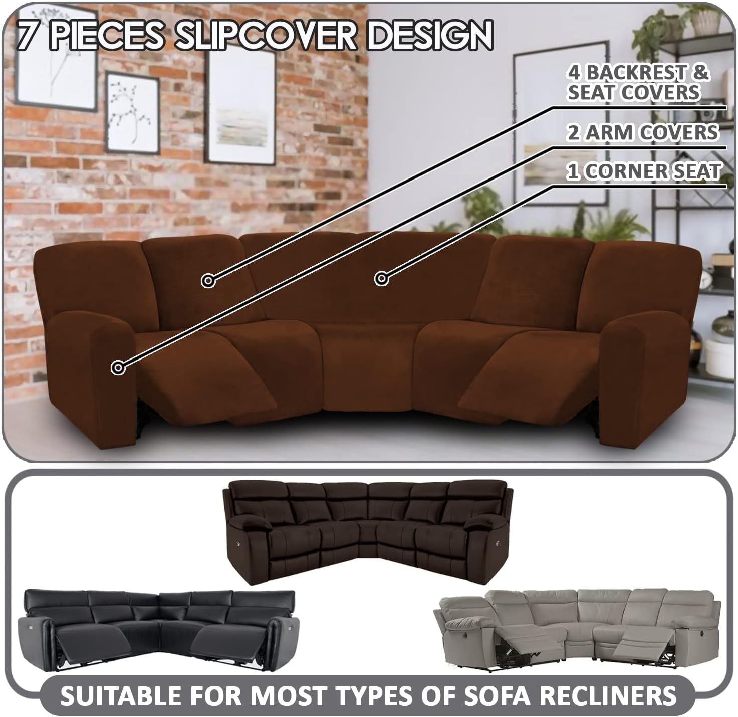 ULTICOR 7-Piece L Shape Sectional, Velvet Stretch Reclining Couch Covers for Sofa, Thick, Soft, Washable (Chocolate, 5 Seat Recliner Cover)