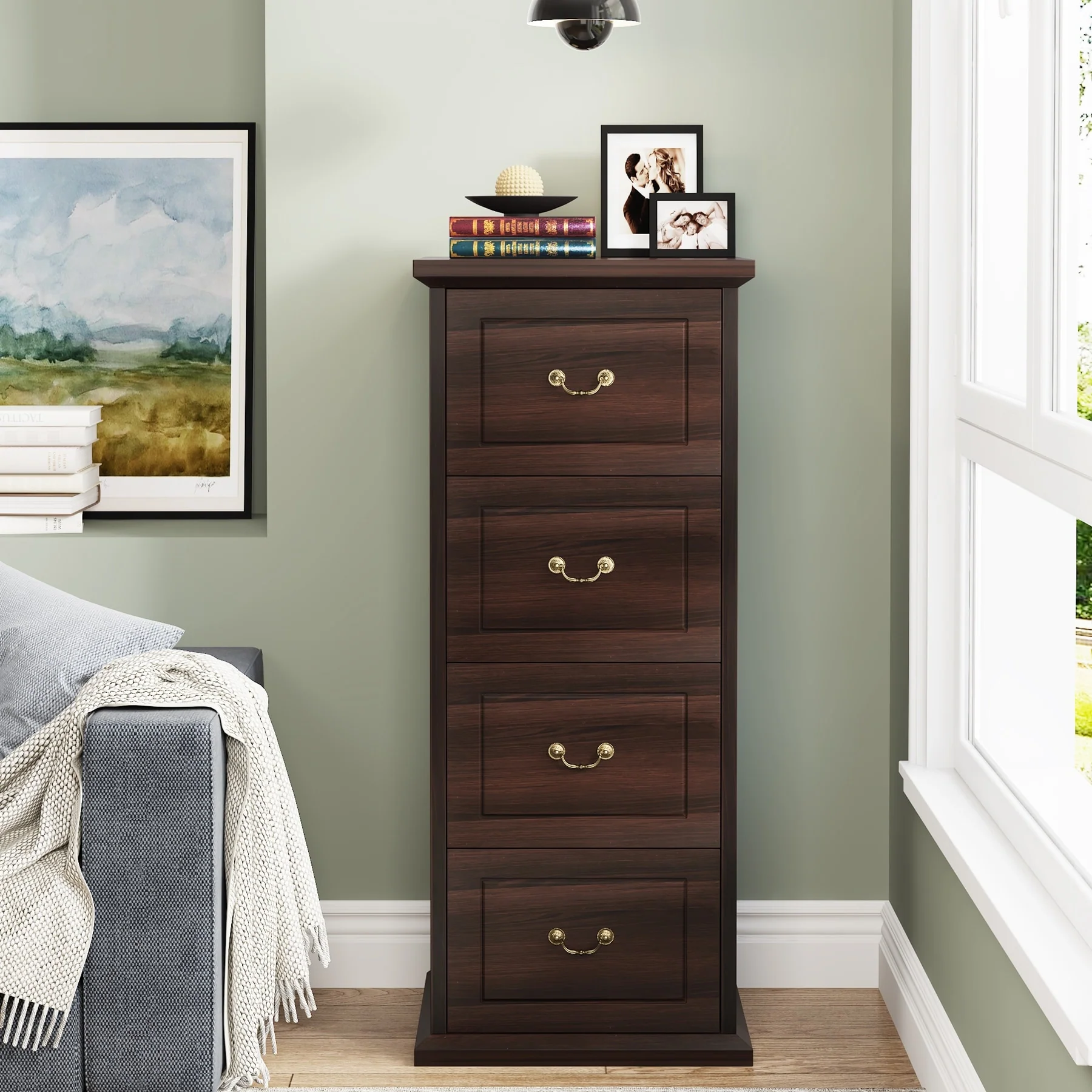 Wood Vertical Narrow Tall File Filing Cabinet with 4-Drawer for A4