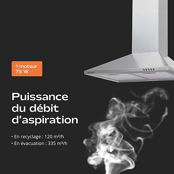 Hotte de Cuisine Décorative Inox 60cm - Pyramide 338 m3/h - Evacuation ou Recyclage