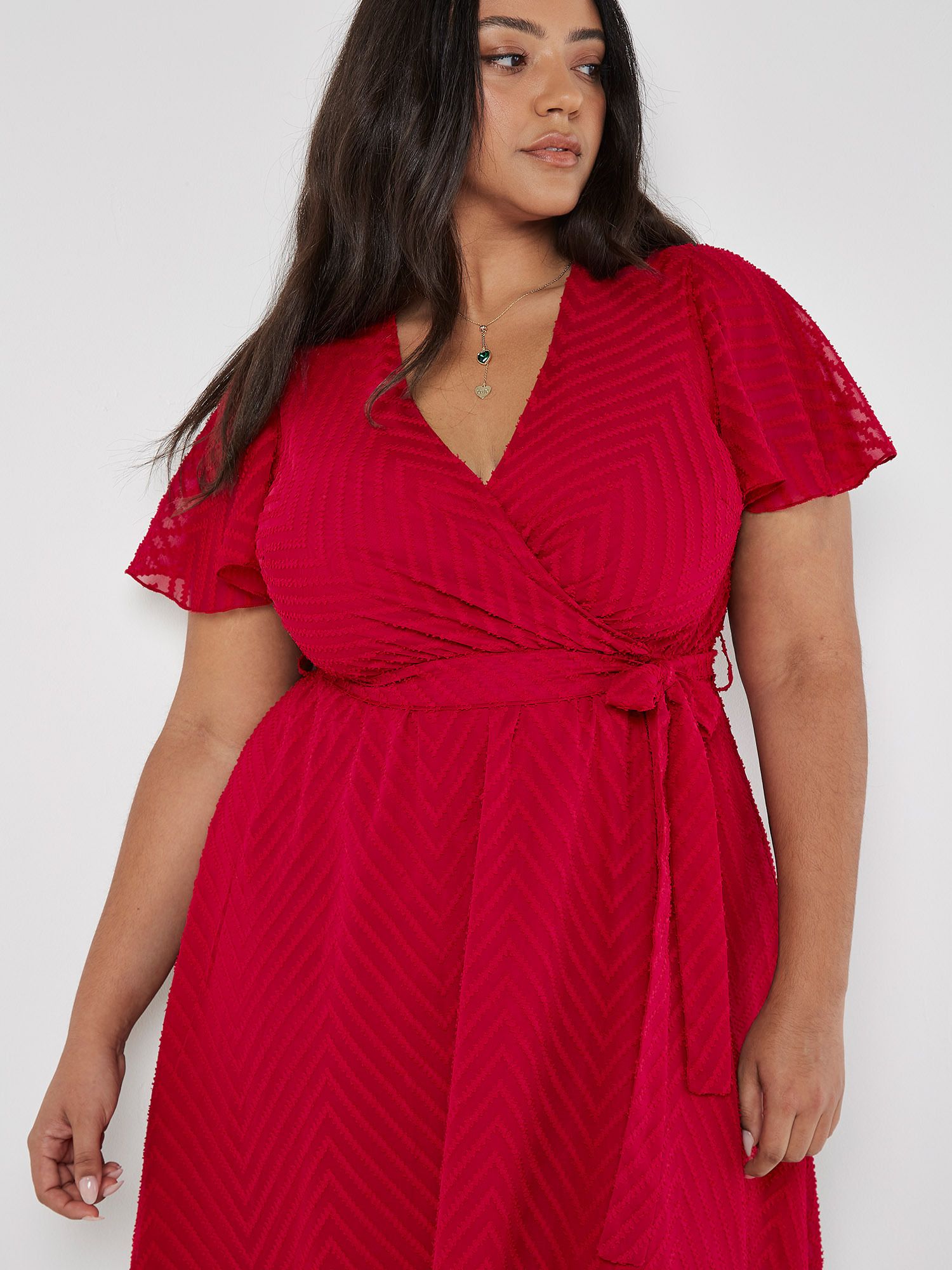Apricot Curve Jacquard Chevron Wrap Midi Dress