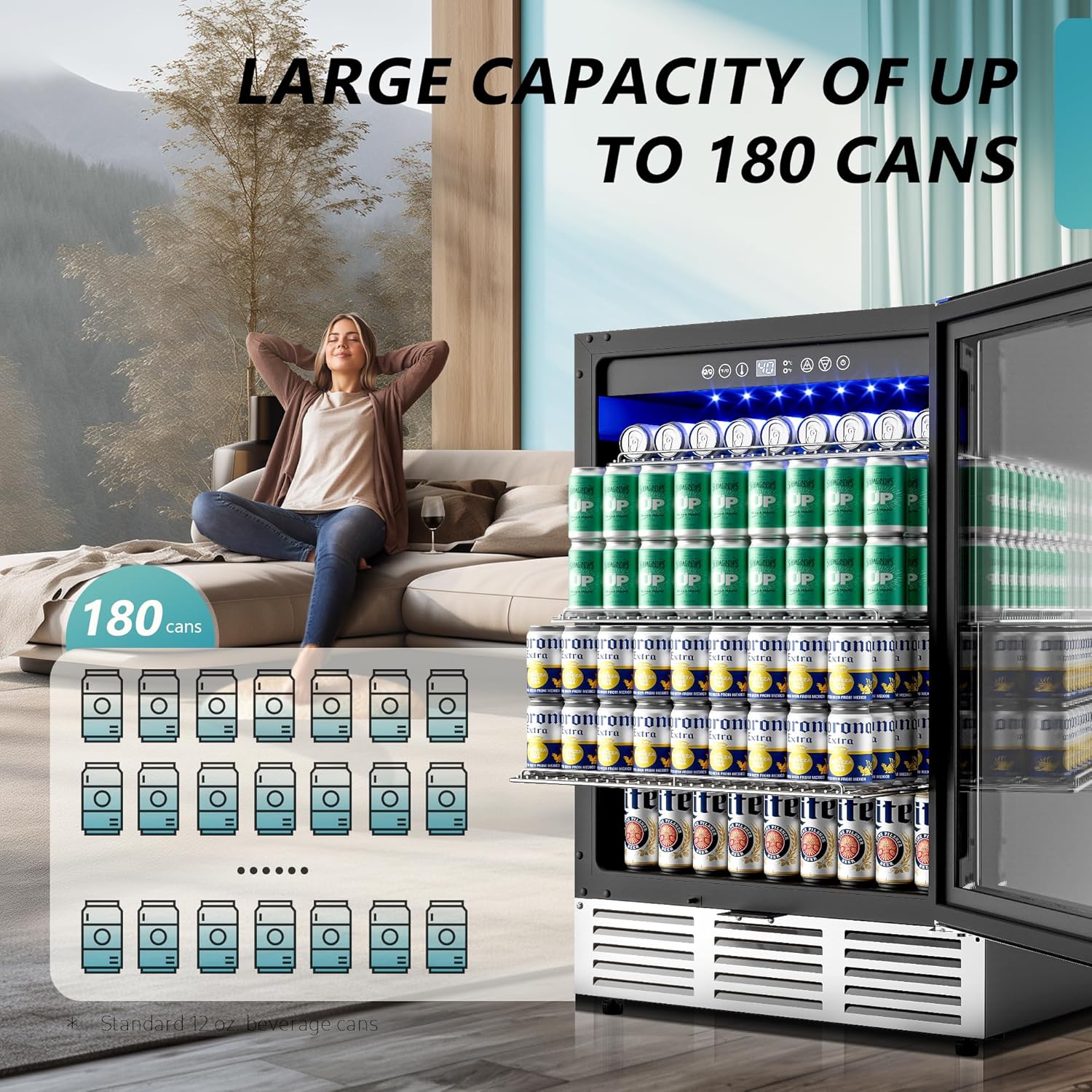 EUHOMY 24 Inch Beverage Refrigerator, 180 Can Built-in Beverage Cooler, Under Counter Beer Fridge with Glass Door for Soda, Water, Wine - For Kitchen, Bar or Office