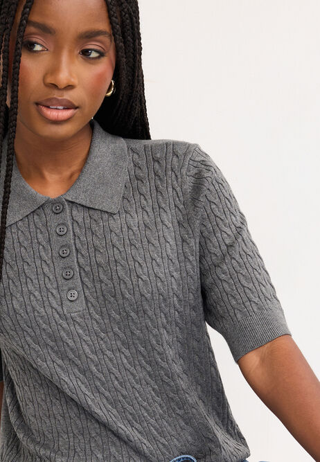 Womens Charcoal Cable Short Sleeve Jumper