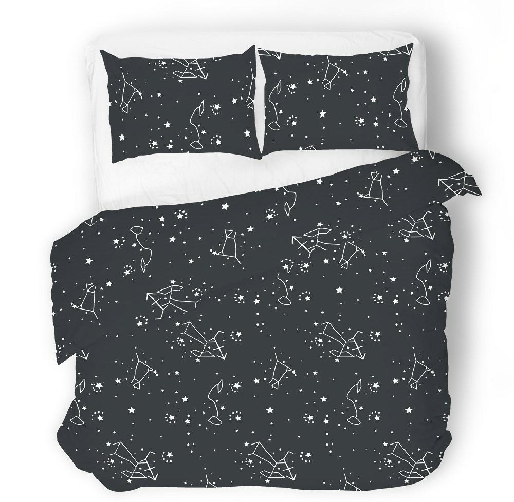 Pościel satynowa 140x200 czarna biała gwiazdozbiór zodiak