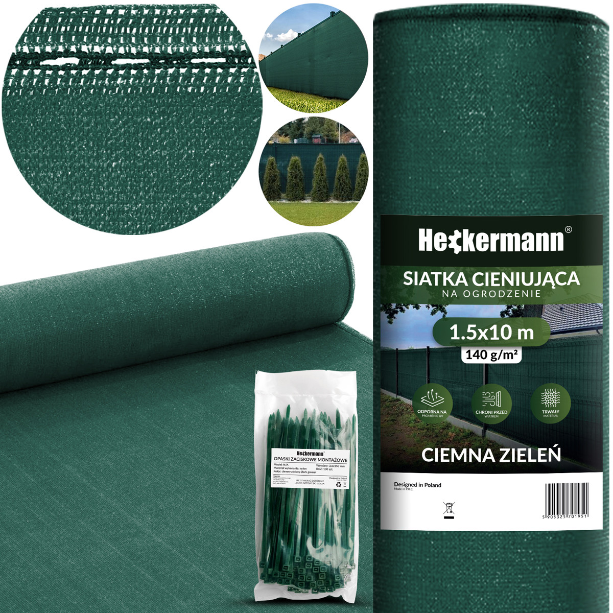 Zestaw Siatka cieniująca 1,5x10m Heckermann - Zielona   Opaski Heckermann
