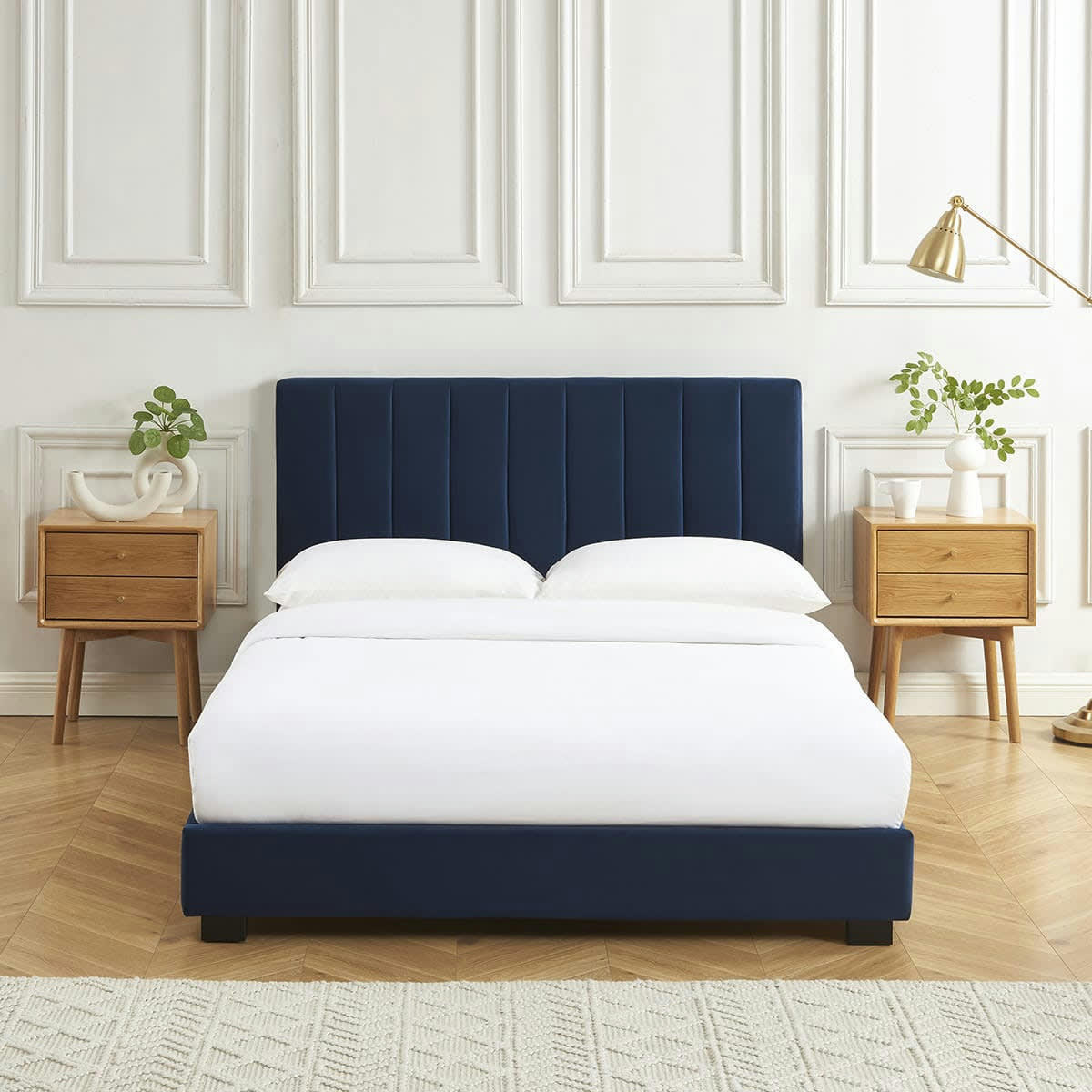 WILLIAM - Lit adulte avec tête de lit capitonnée en velours bleu nuit 140x190