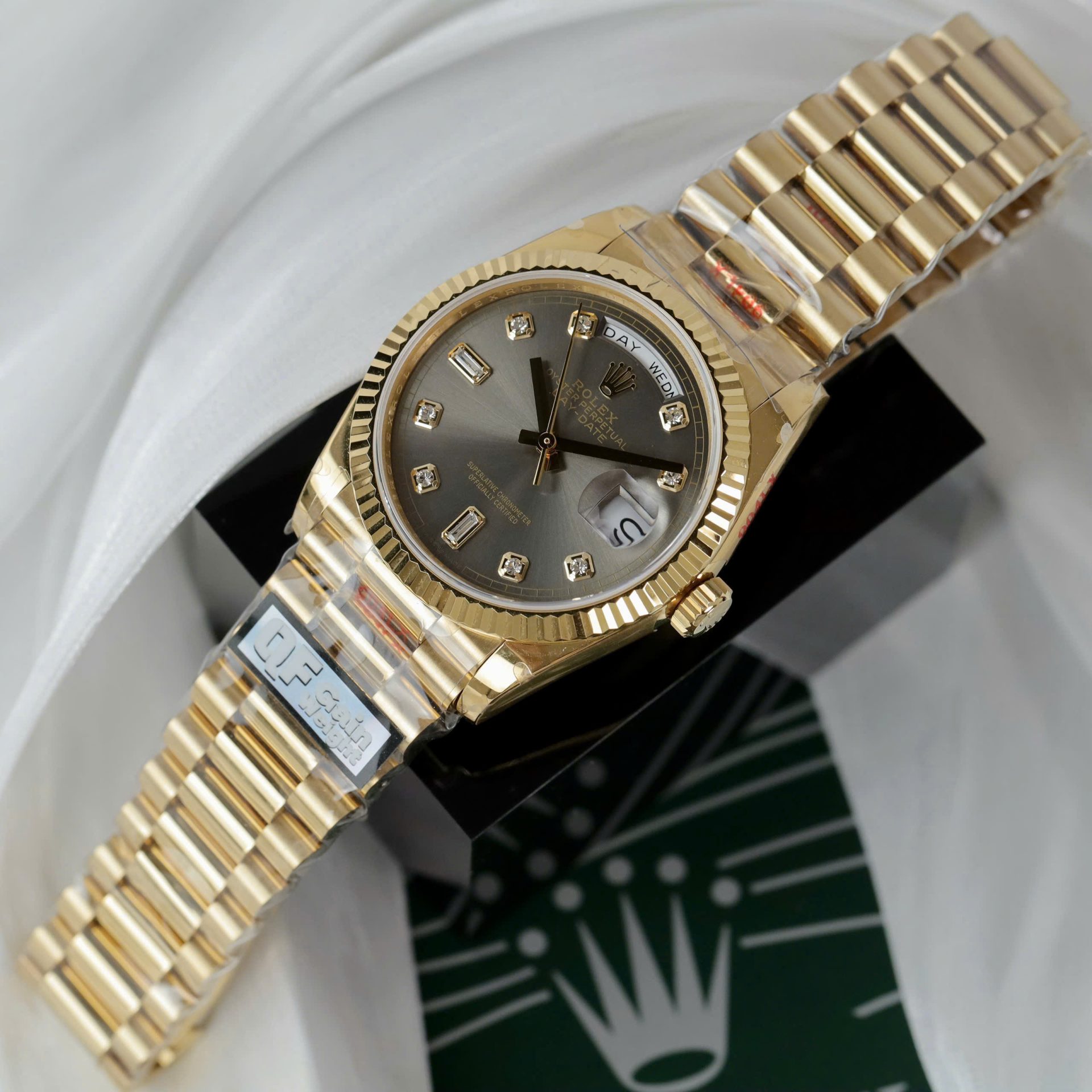 Rolex Day-Date 128238 YG Plated Grey Dial CZ Diamonds 36mm Super Clone