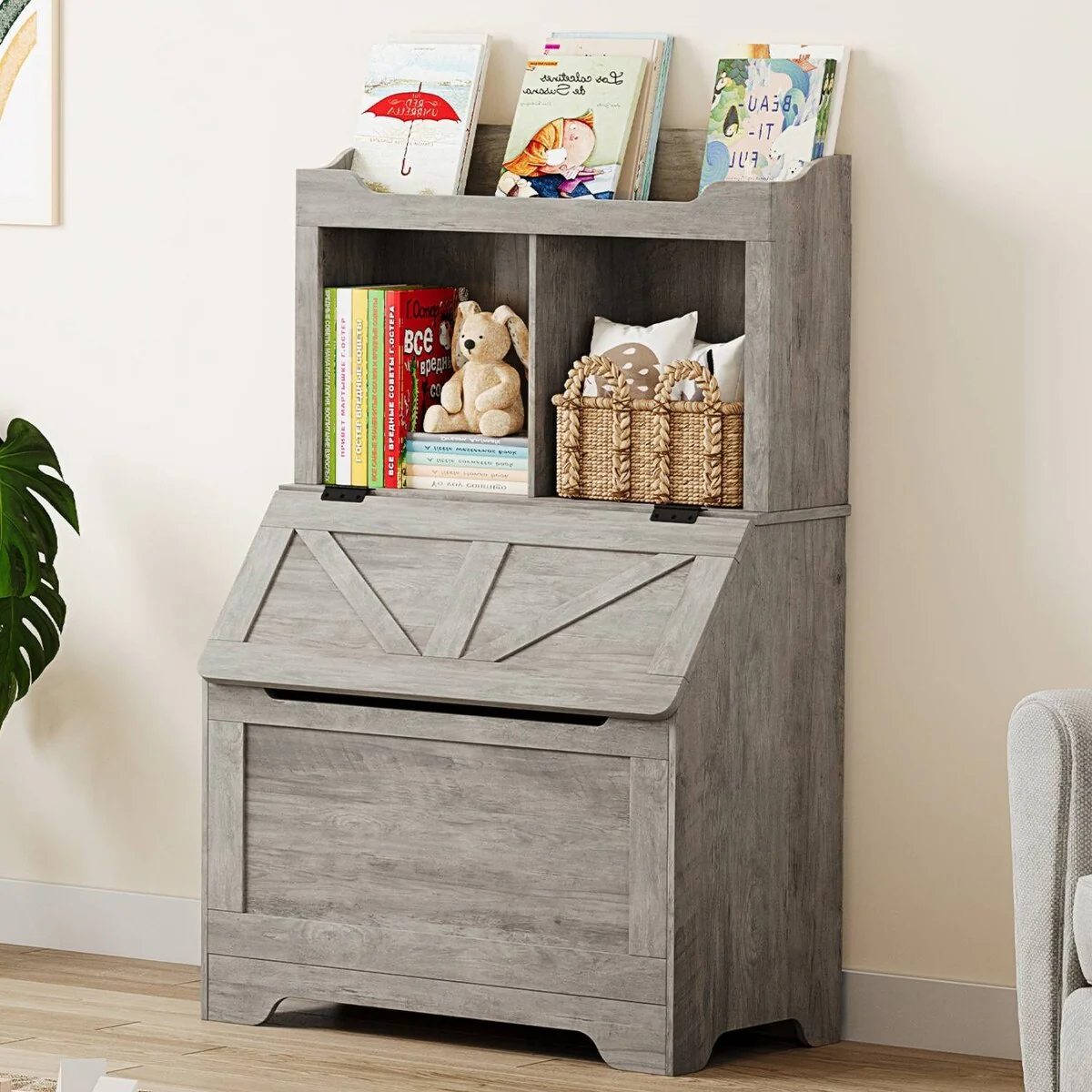 Kids Bookshelf and Toy Storage Organizer with Flip-top Lid