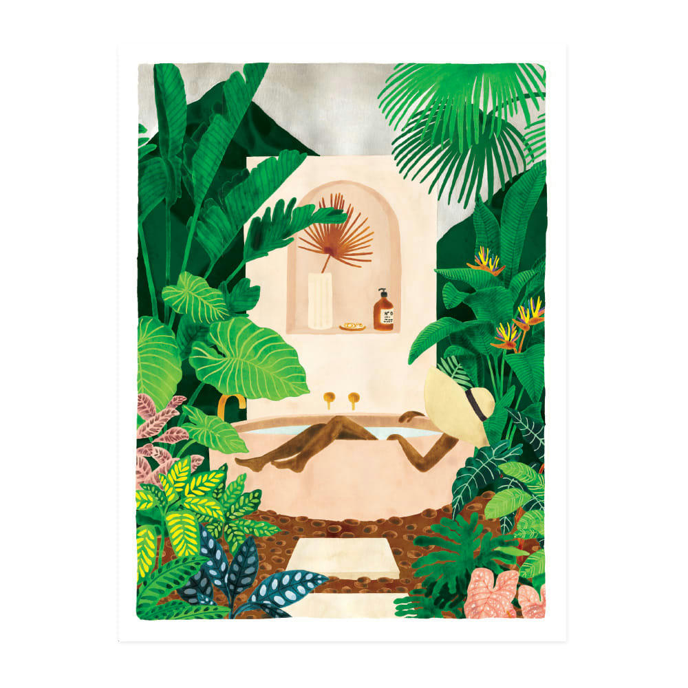 - Affiche illustrée d’une baignoire et de plantes exotiques 30x40 cm