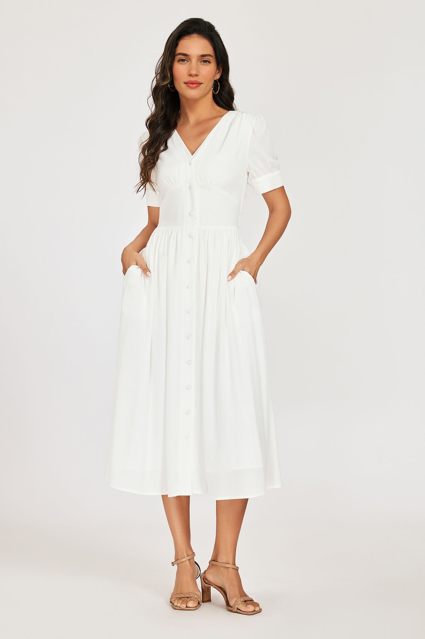 FS Collection Puff Sleeve Button-Front Midi Dress