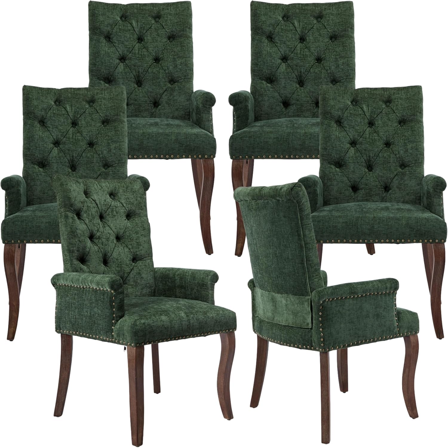 Upholstered Tufted Chenille Dining Chairs with Arms & Nailhead Trim – Solid Wood Frame & Legs, Modern Farmhouse for Dining, Kitchen & Living Room (Set of 6, Olive Green)