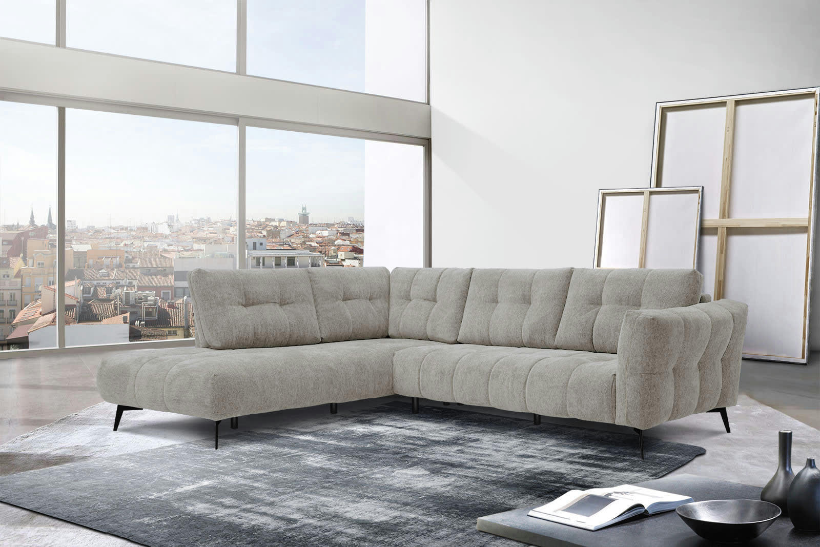 KALMER - Canapé d'angle gauche 5 places tissu beige foncé