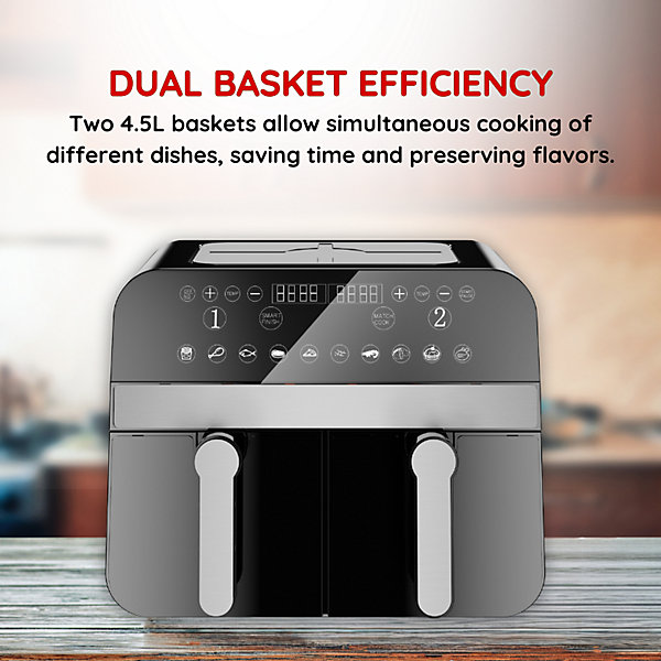 Friteuse à air chaud Airfryer numérique double panier Noire 2400W 9L Comfy Nest CNAFD45NB