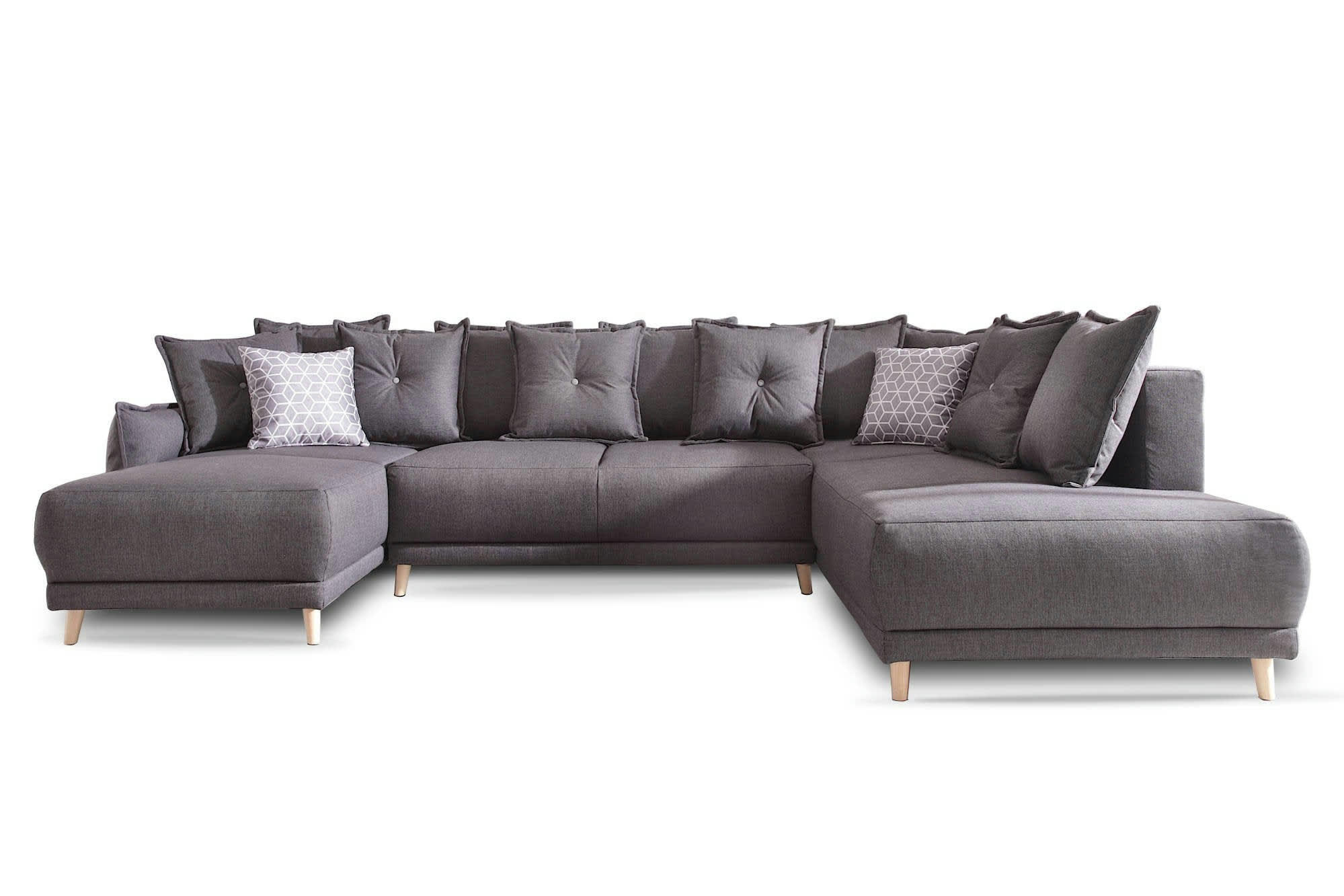 LENA - Canapé panoramique 7 places angle droit en tissu gris foncé