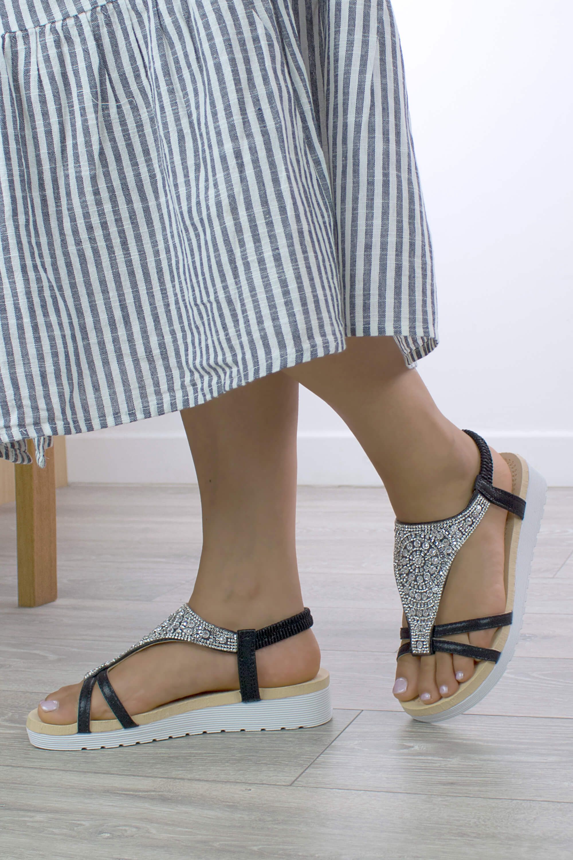 AJVANI Flat Heel Flatform Diamante T-Bar Slingback Comfort Sandals