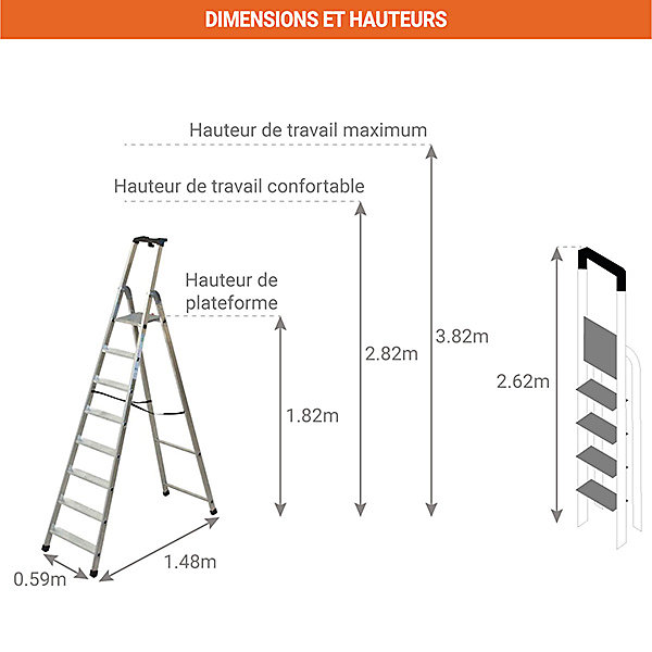 Escabeau 8 marches - Hauteur max. de travail 3.82m - Q50/8